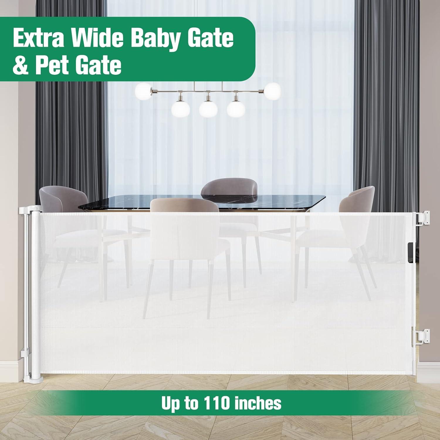 110" Wide White Retractable Metal Baby Gate