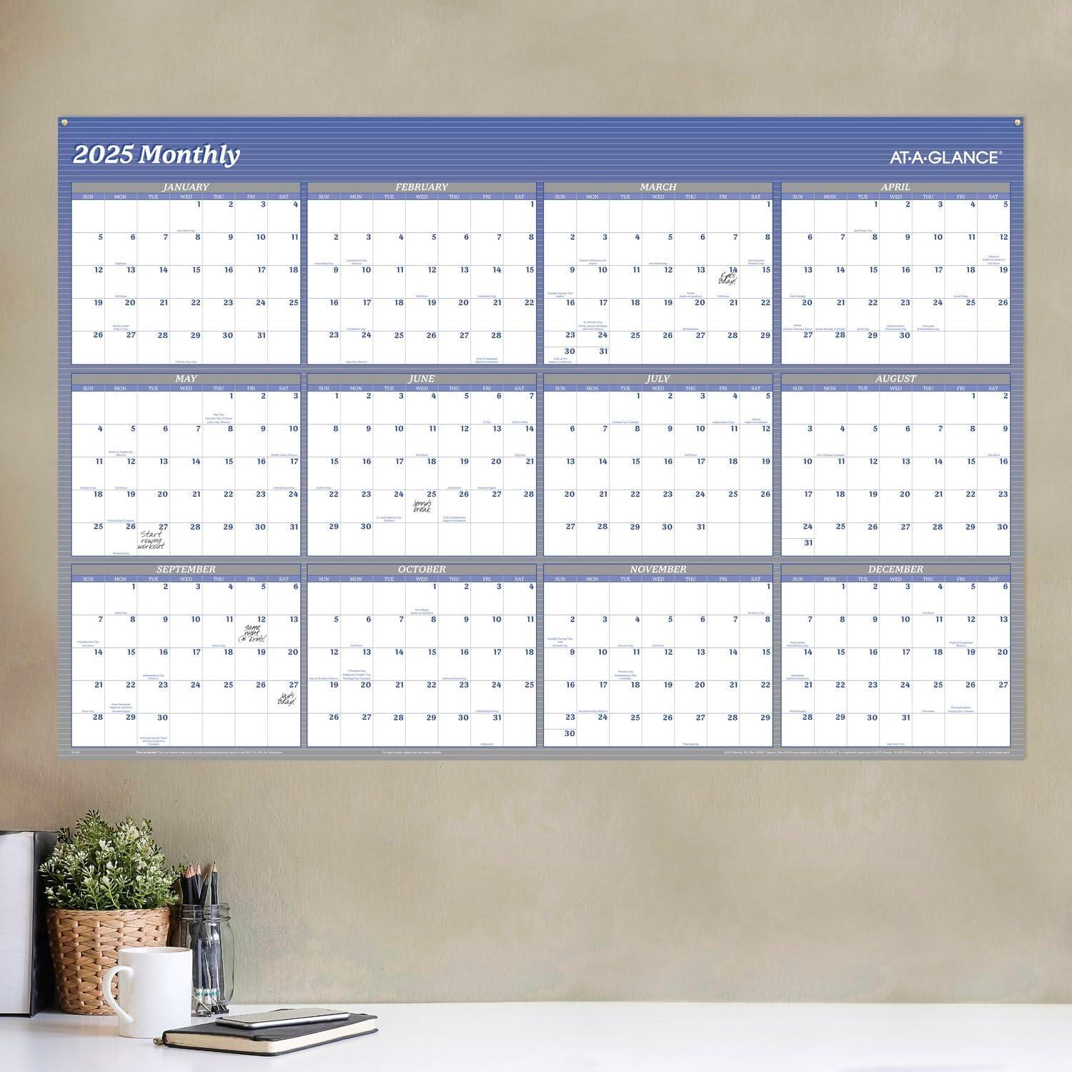 AT-A-GLANCE 2025 Vertical Horizontal Reversible Yearly Wall Calendar Blue Extra