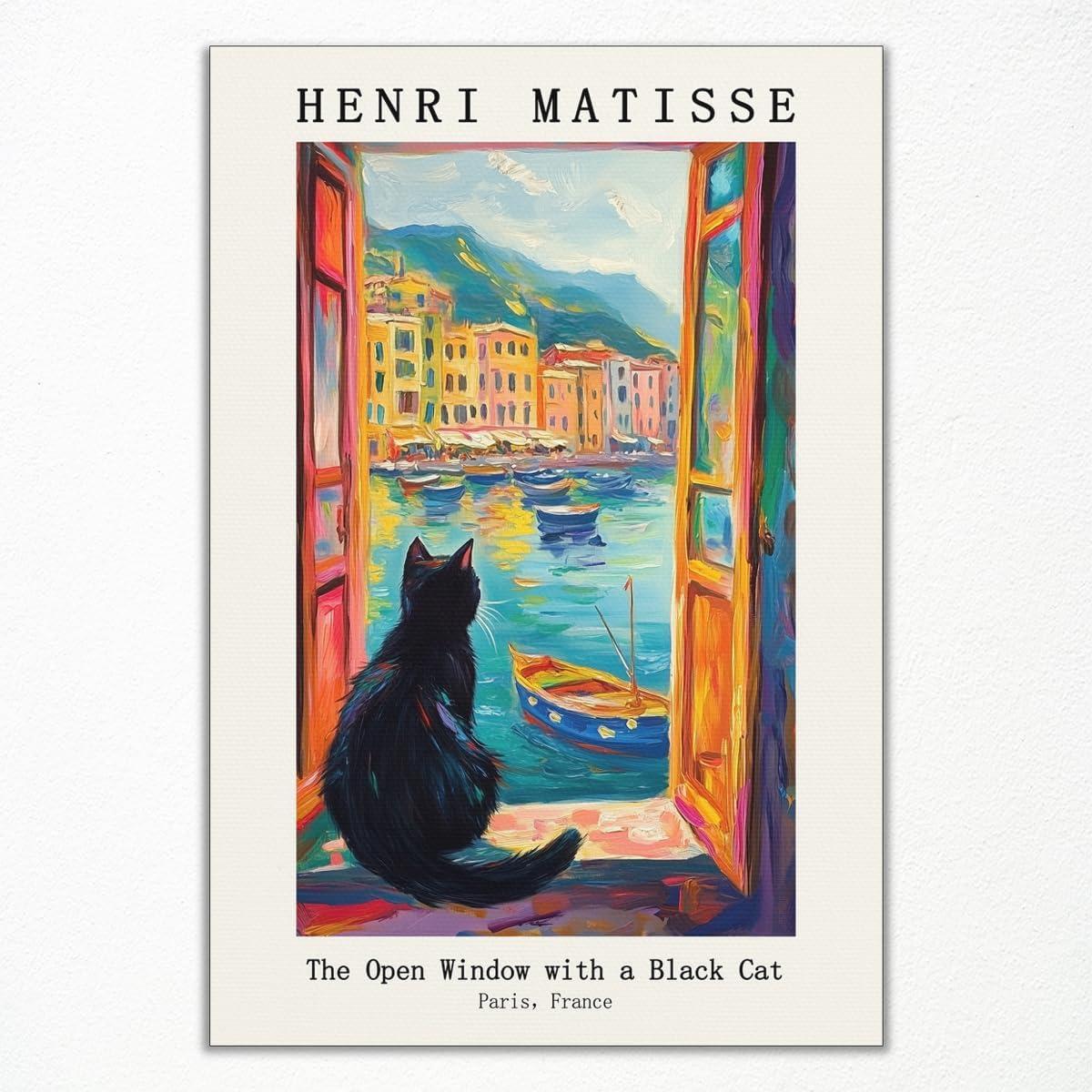 Henri Matisse Oil Paintings on Canvas Wall Art Matisse Famous Open Window Black Cat Poster Funny Cat Floral Print Colorful Farmhouse Gallery Aesthetic Room Decor for Bedroom Bathroom 12x16in Unframed