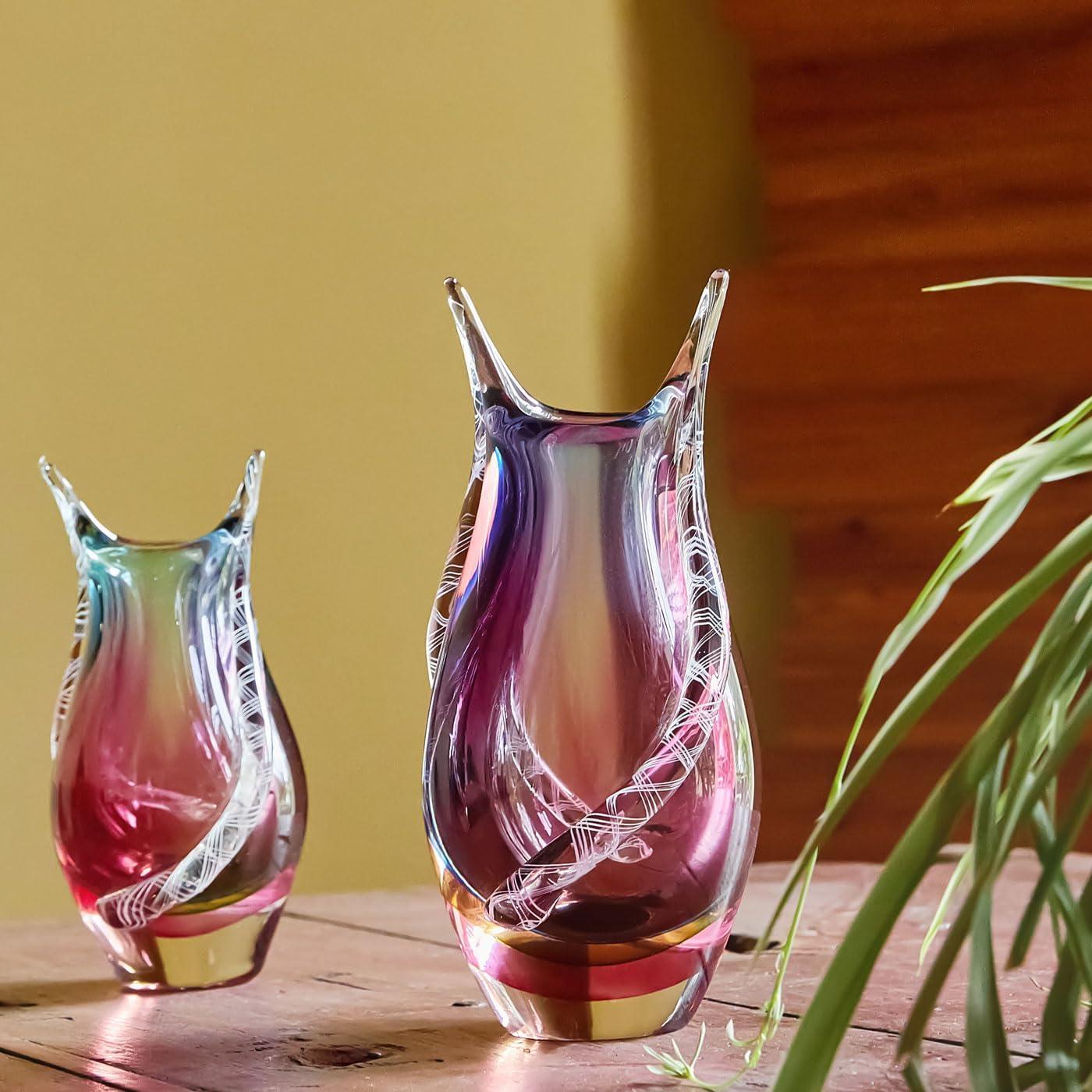 Luxury Lane Hand Blown Sommerso Art Glass Teardrop Vase Multicolored 8"H