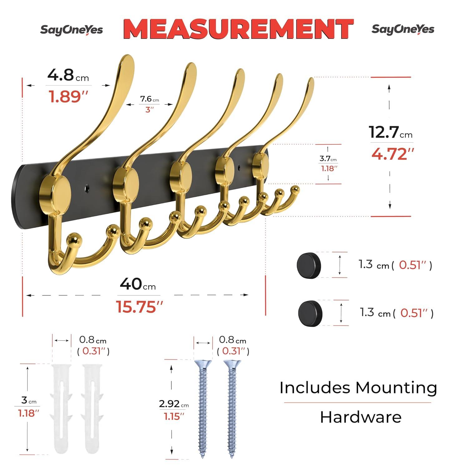 Black and Gold Coat Rack Wall Mounted - 16 Inch Heavy Duty Stainless Steel Matte Finish Wall Hook Rack - 5 Tri Coat Hooks for Hanging Towels, Bags, Hat - Bathroom Entryway - 2 Pack