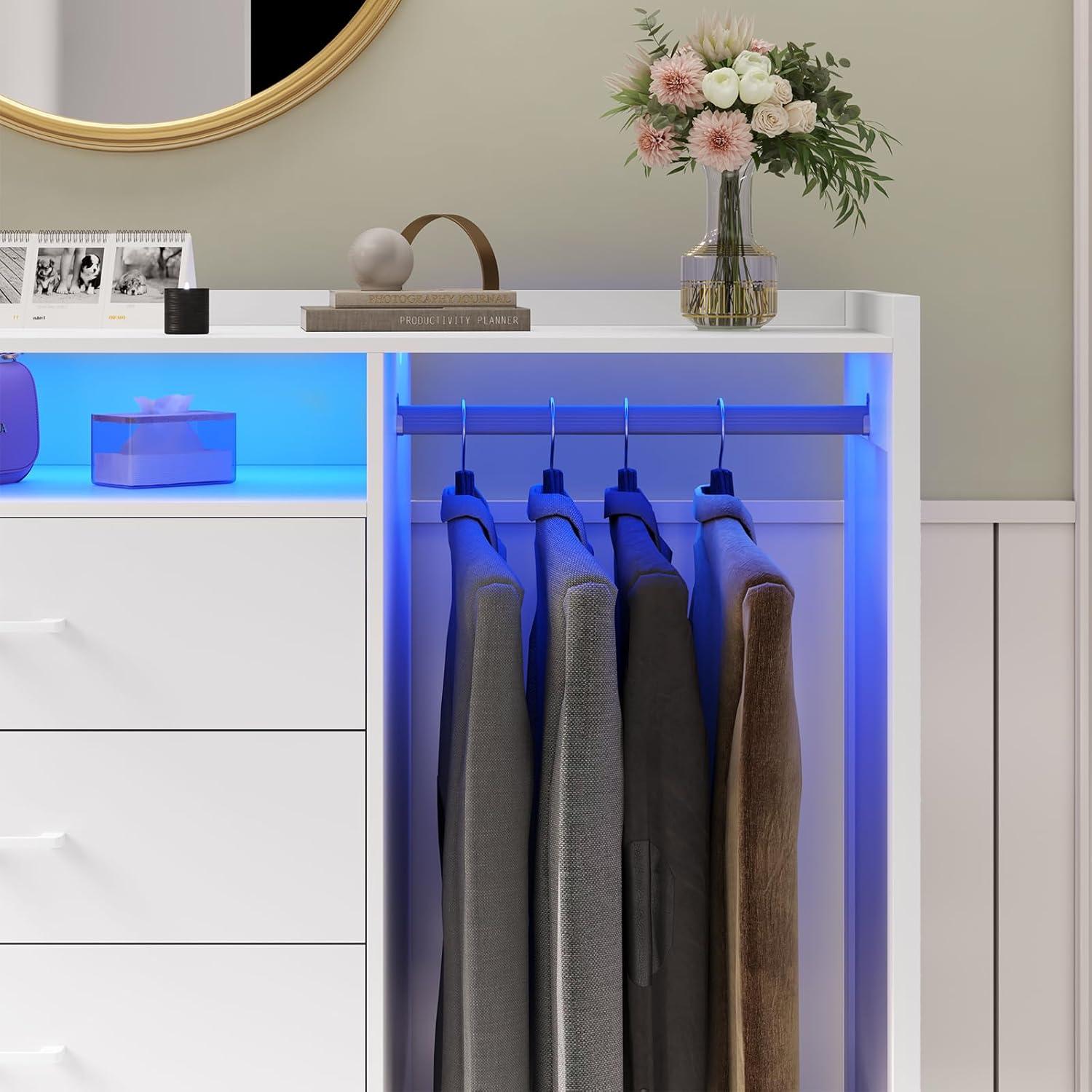 4 Drawer Dresser with Clothing Rack and LED Lights, Modern LED Dresser for Bedroom, Black