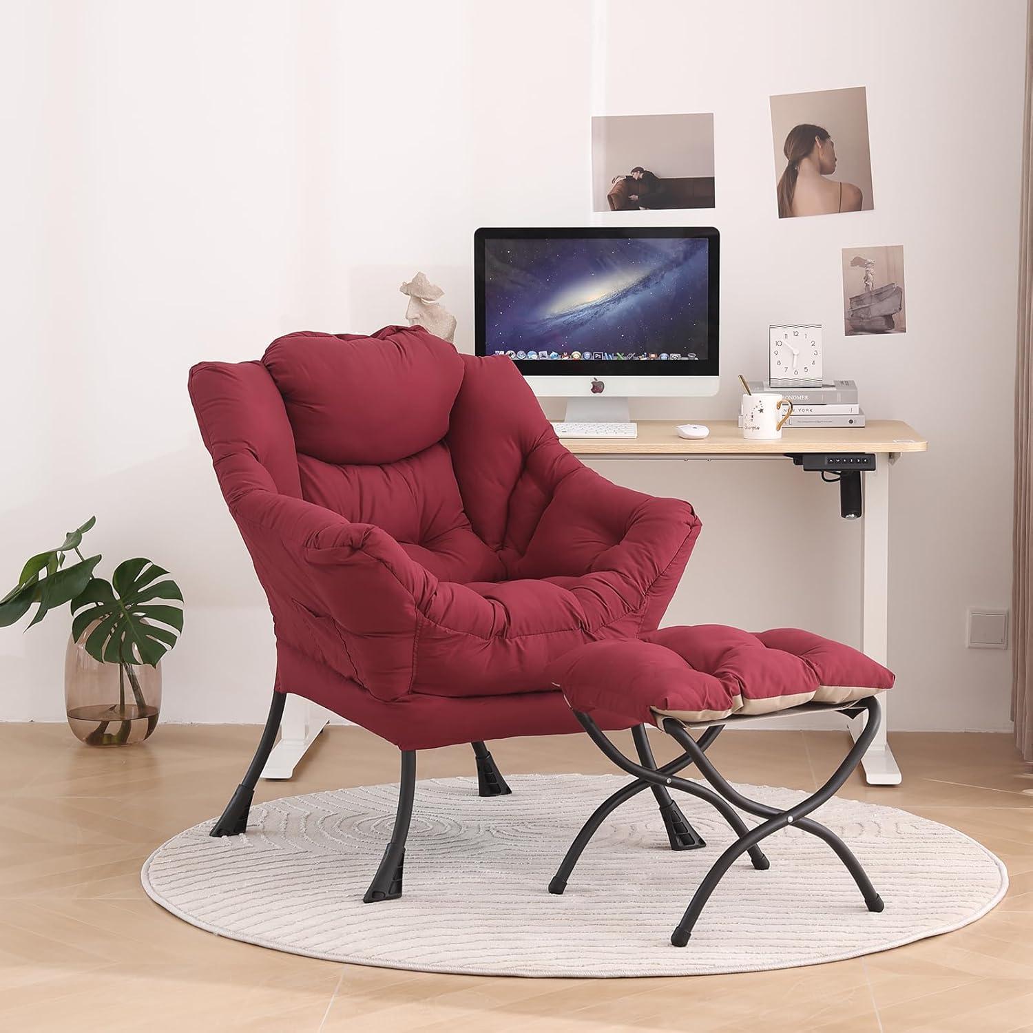 Burgundy Velvet Accent Chair with Ottoman and Metal Frame