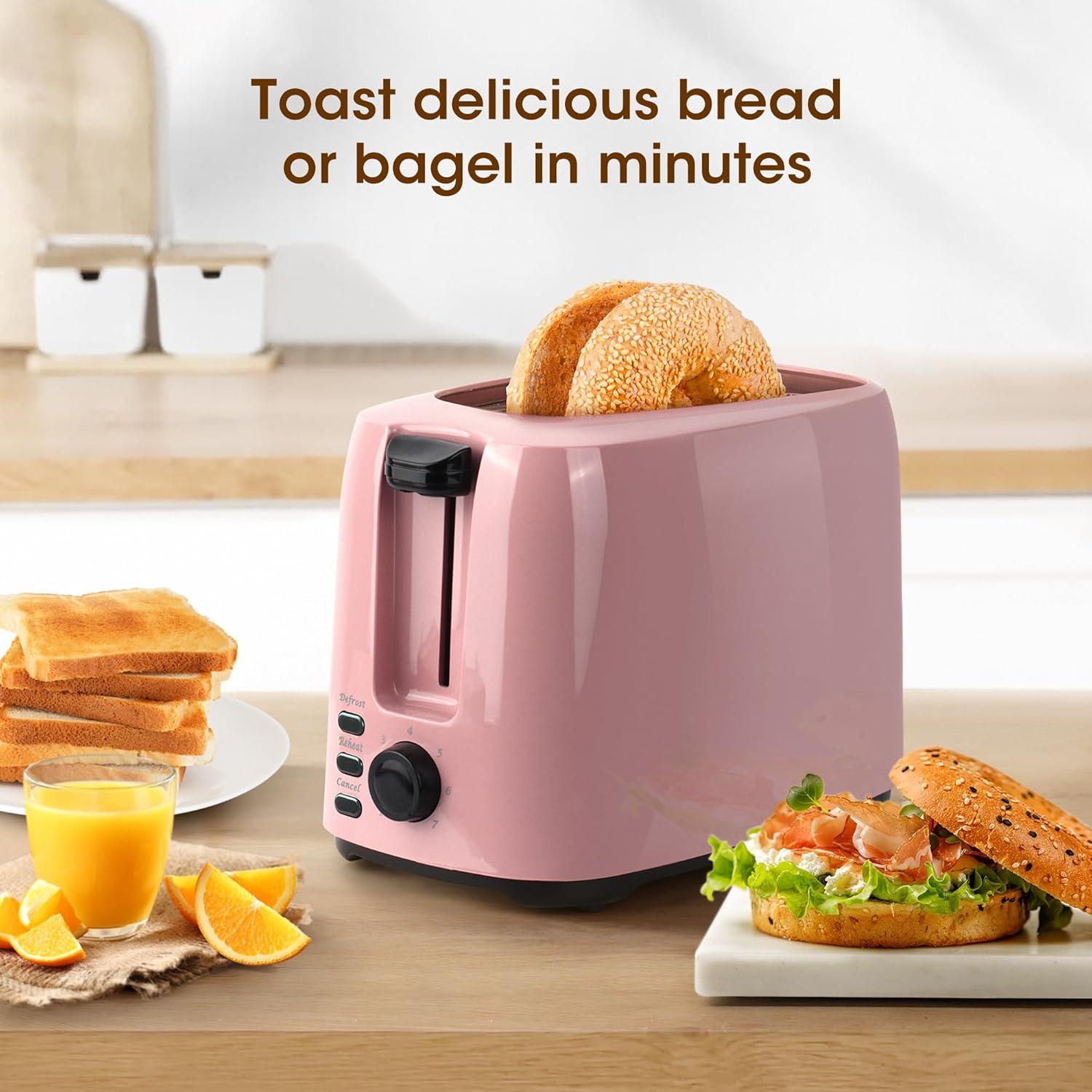 iSiLER 2 Slice Toaster, 1.3 Inches Wide Slot Bagel Toaster with 7 Shade Settings and Double Side Baking, Removable Crumb Tray, Defrost Cancel Function Pink
