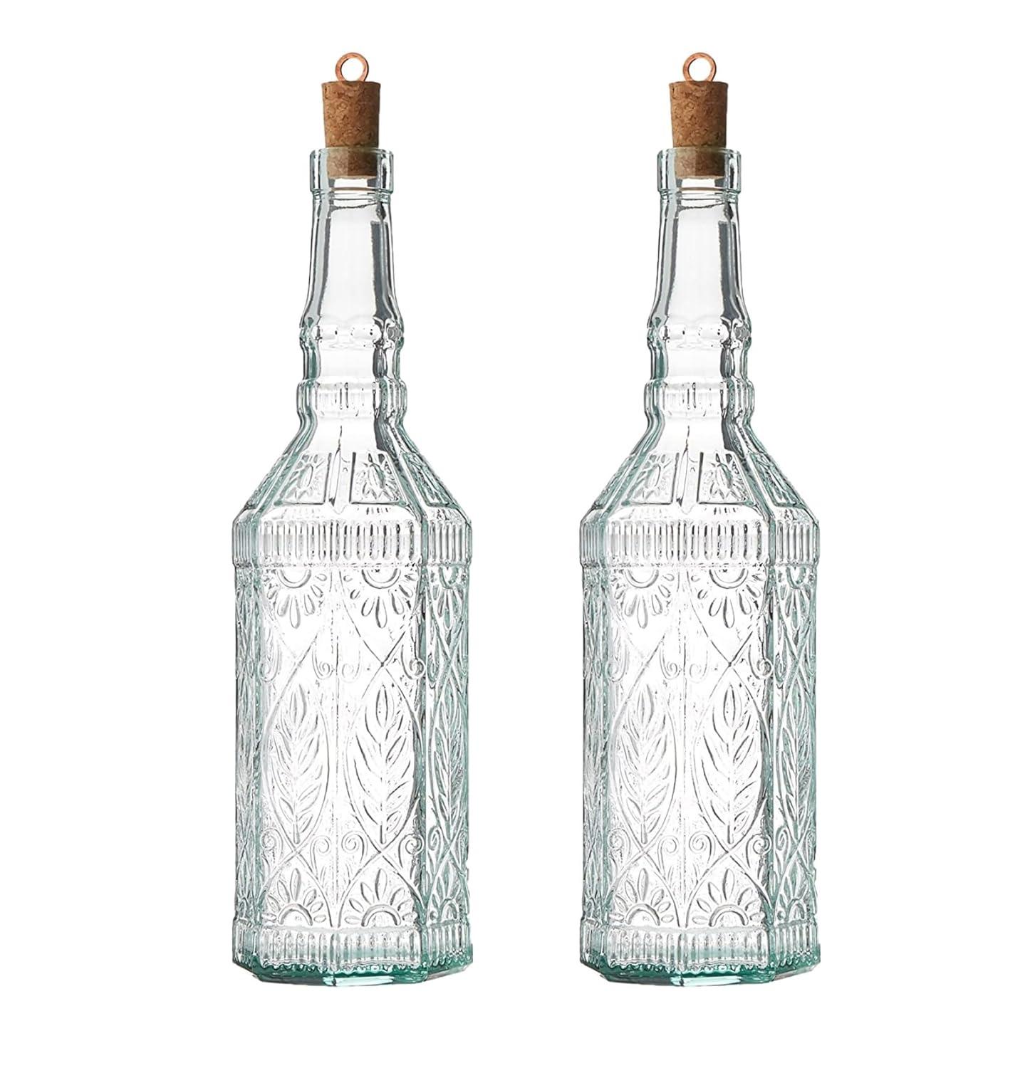 Bormioli Rocco Set Of 2 Country Home Fiesole Bottle, 24-ounce With All Natural Cork Lid, Blue-green Tinted Star Glass, Elegant And Floral Design Made In Italy