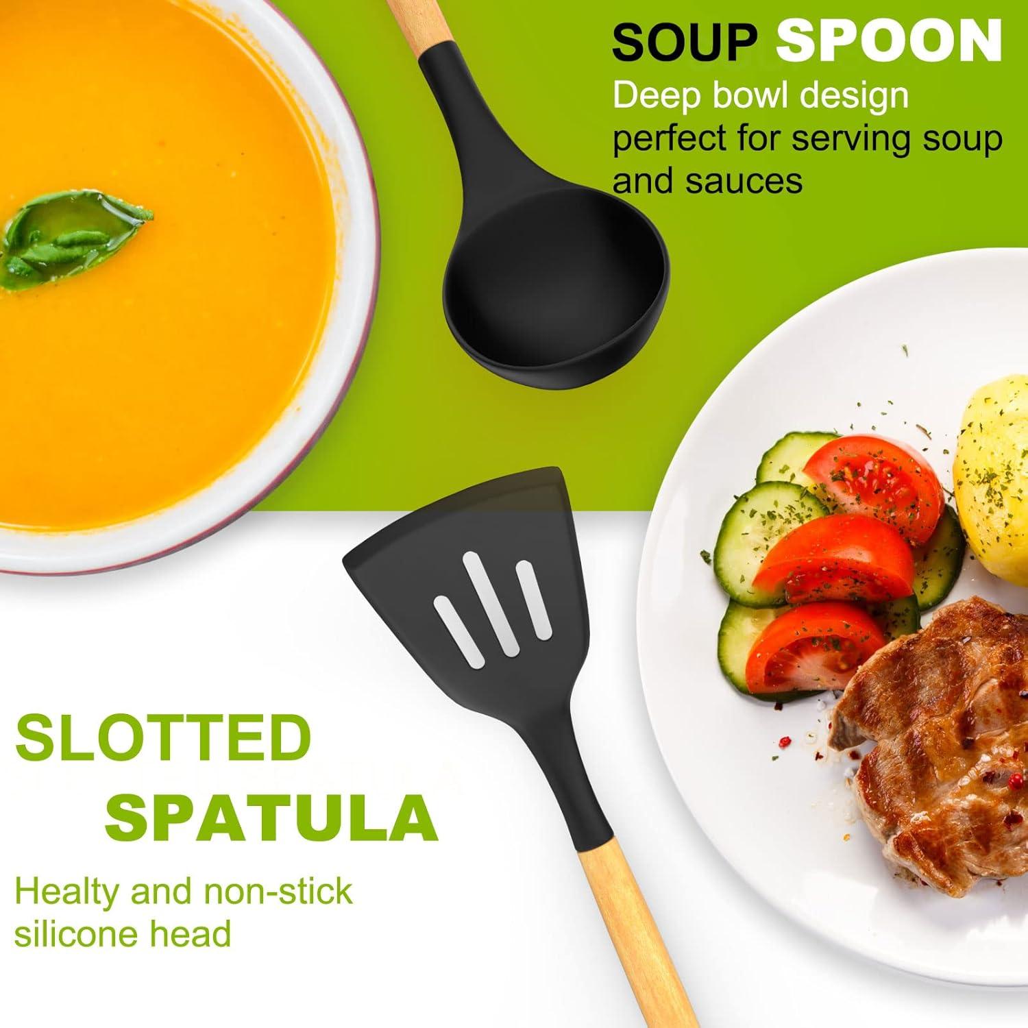 Silicone Kitchen Cooking Utensils Sets with Holder,Nonstick Heat Resistant,Wooden Handle,Black