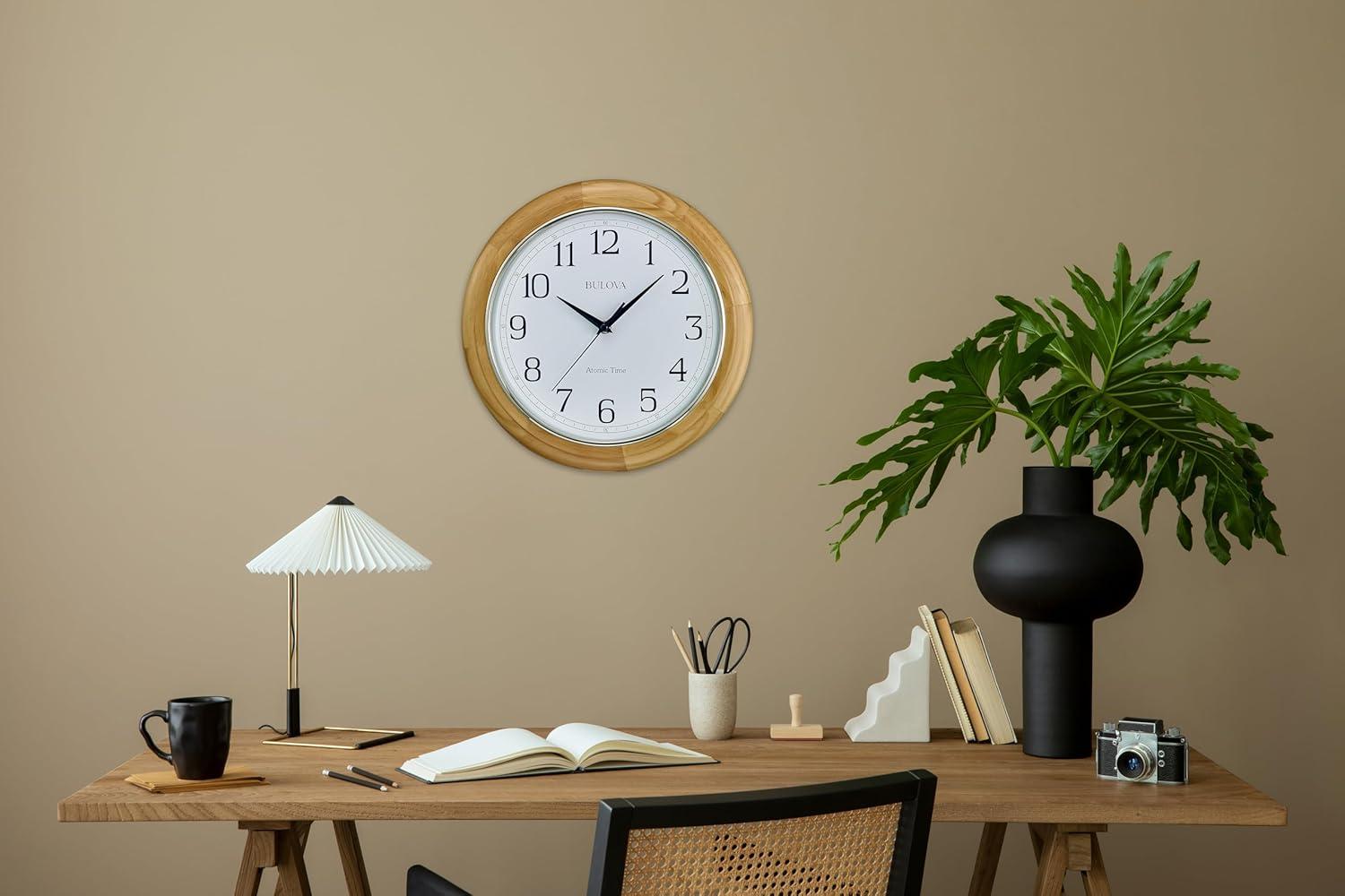 Bulova Clocks Atomic Time  Analog Quartz Wall Clock, Warm Brown Cherry