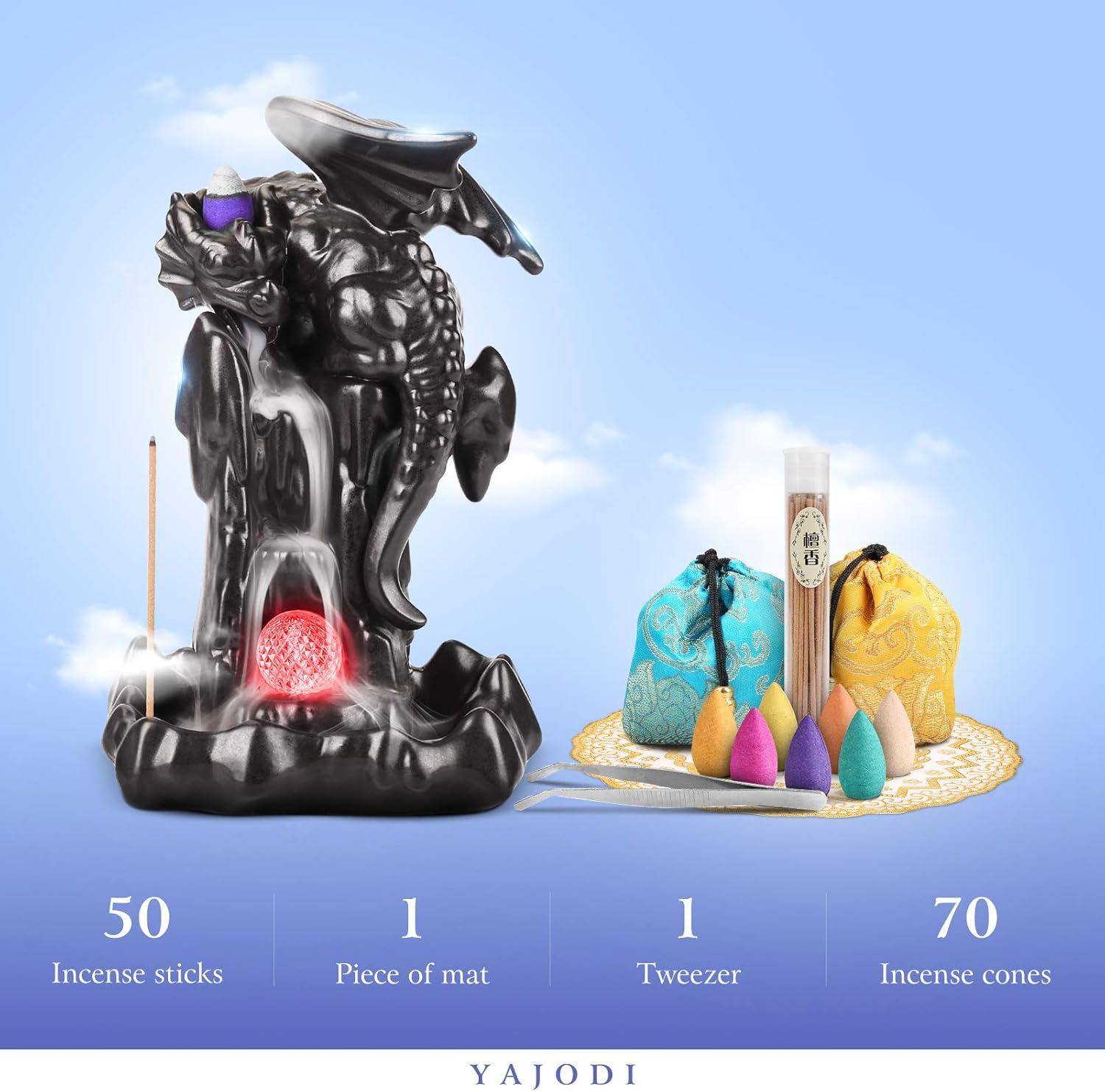 Ceramic Dragon Backflow Incense Holder - Waterfall Smoke Burner with 70 Cones + 50 Sticks, Mat & Tweezers, Unique Smoke Effect for Aromatherapy, Meditation & Home Decor (Brown)