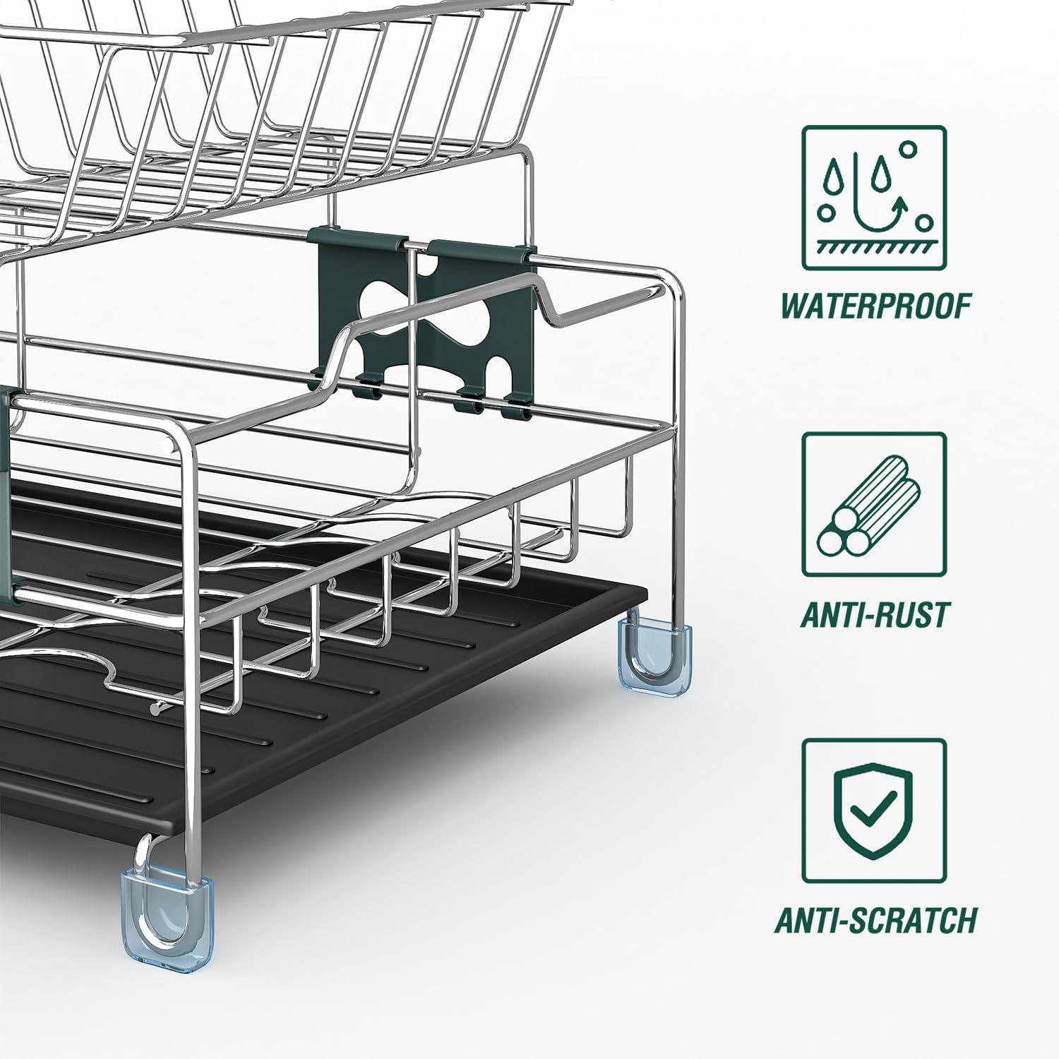 Dish Drying Rack - Stainless Steel Dish Rack for Kitchen Counter, 2-Tier Kitchen Organizers and Storage Rack with Drainboard and Cutlery Holder, Larege, White