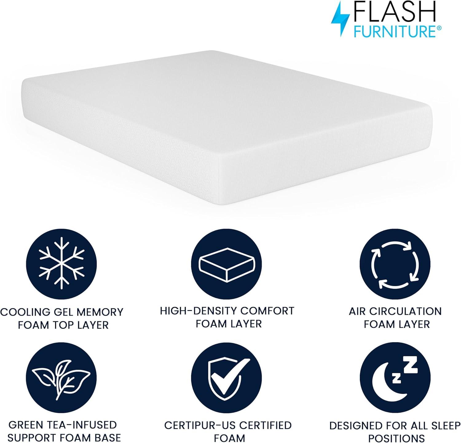 Flash Furniture Cloud Green Tea Cooling Gel 4-Layer Memory Foam Mattress in a Box with CertiPUR-US Certification, Washable Cover, and Pressure Relief