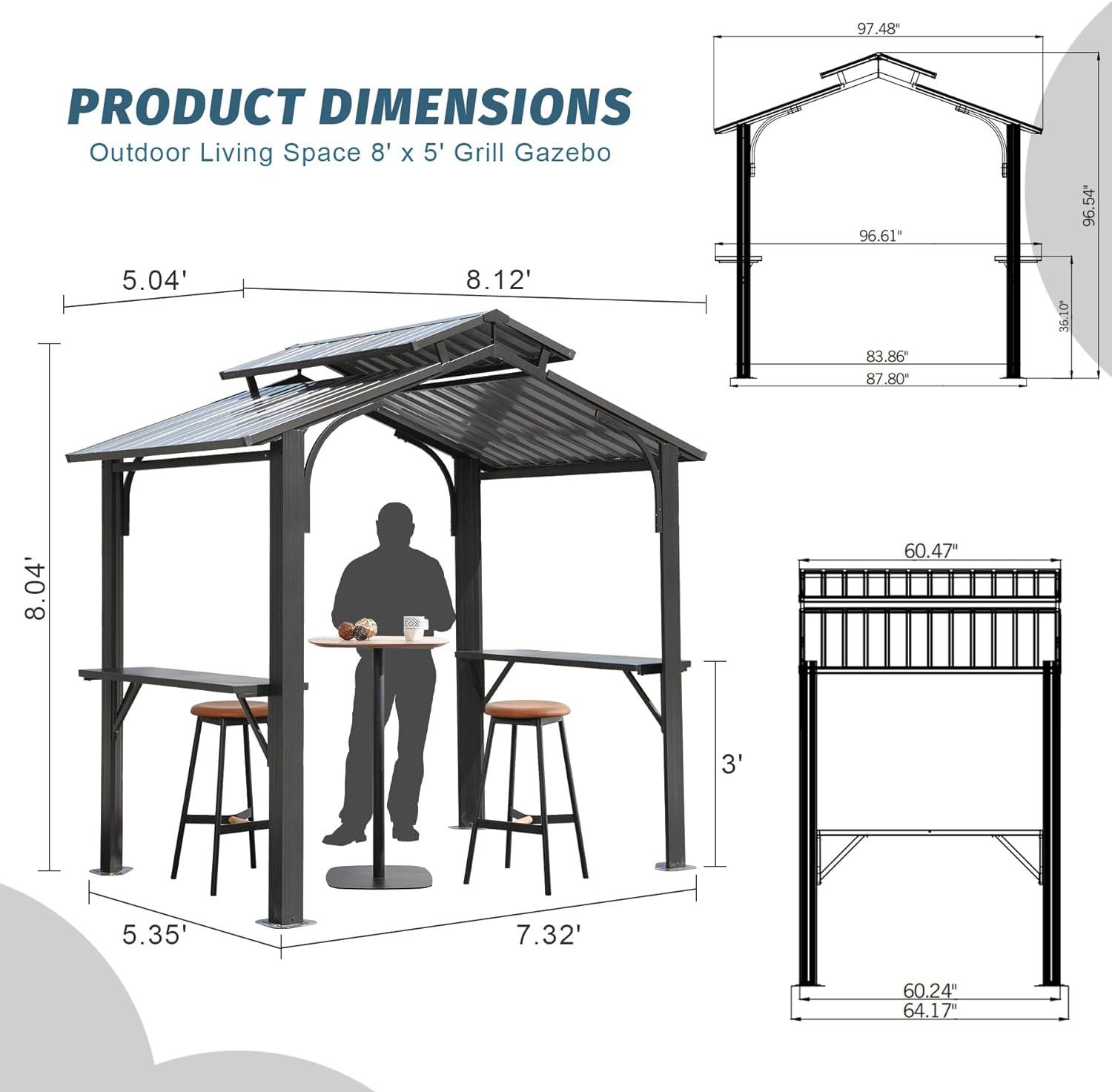 Domi 8x5FT Gray Steel Hardtop Grill Gazebo with Shelves