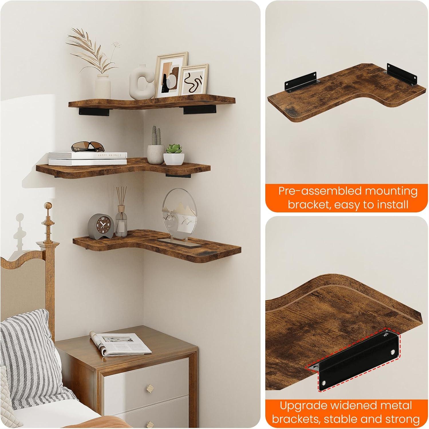Homode Corner Floating Shelves, Corner Shelves Wall Mounted with Cord Hole, Set of 3 L Shape Wood Wall Storage Shelves for Living Room Bedroom Bathroom Kitchen, Rustic Brown
