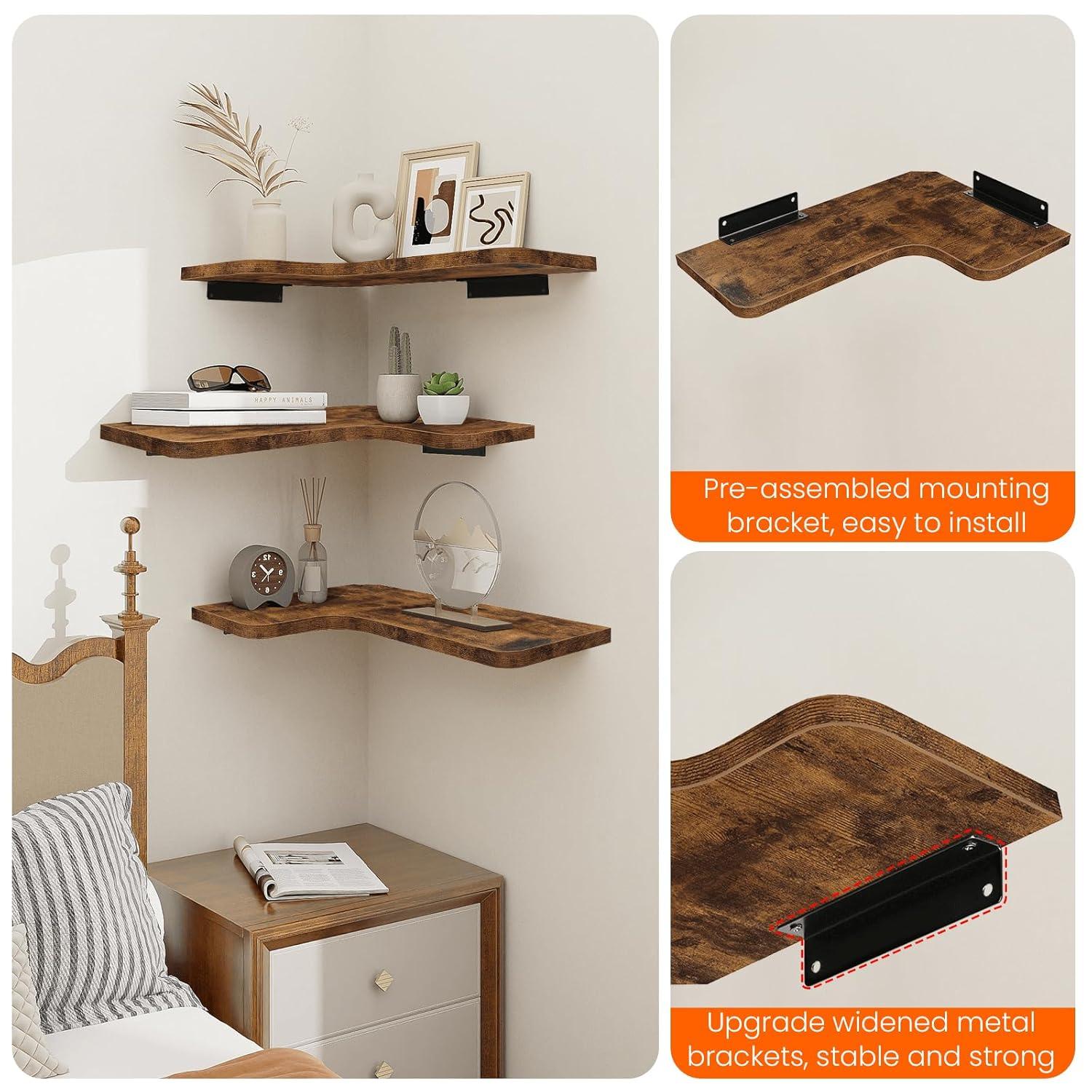Homode Corner Floating Shelves, Corner Shelves Wall Mounted with Cord Hole, Set of 3 L Shape Wood Wall Storage Shelves for Living Room Bedroom Bathroom Kitchen, Rustic Brown