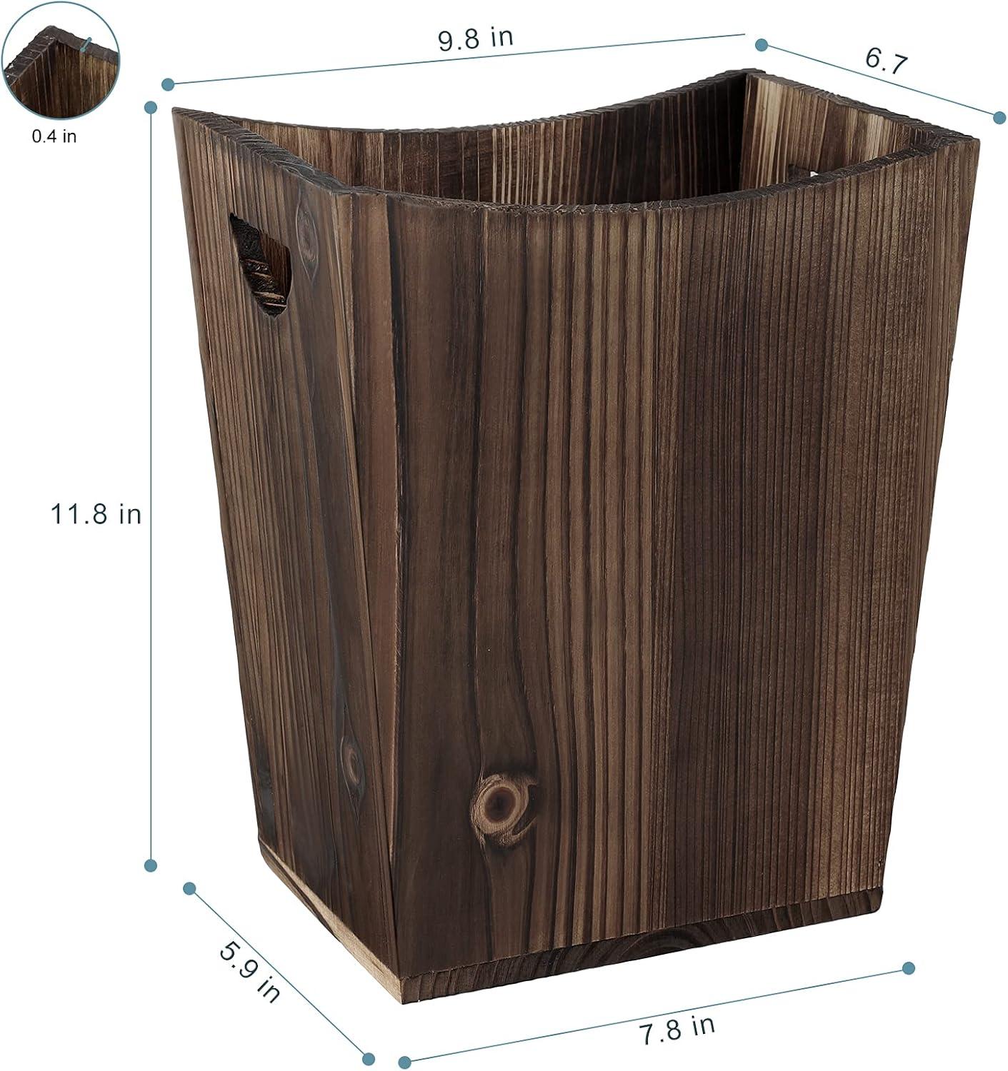 Rustic Brown Wood Rectangular Wastebasket with Handles