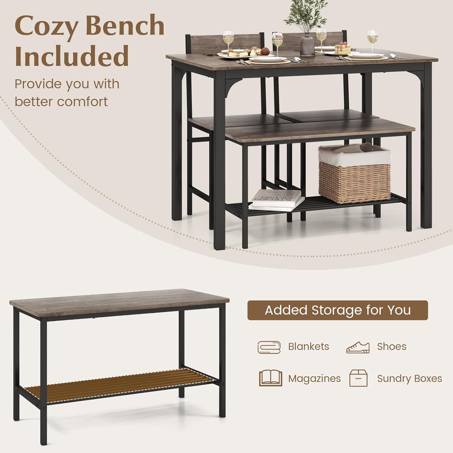 Costway 4pcs Dining Table Set Rustic Desk 2 Chairs & Bench w/ Storage Rack Grey