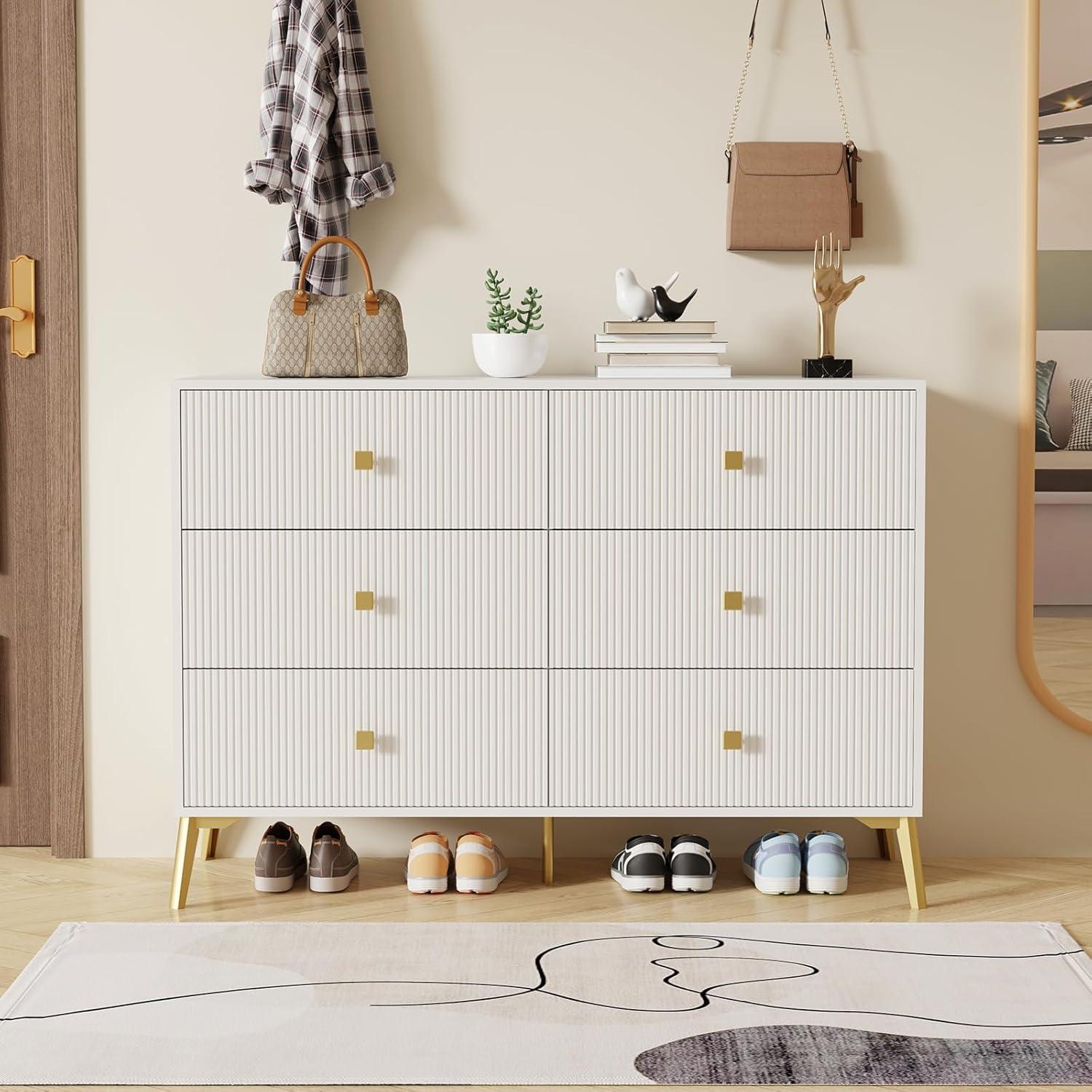 6 Drawer Dresser for Bedroom,Modern Bedroom Dresser,Fluted White and Gold Dresser with Curved Profile Design