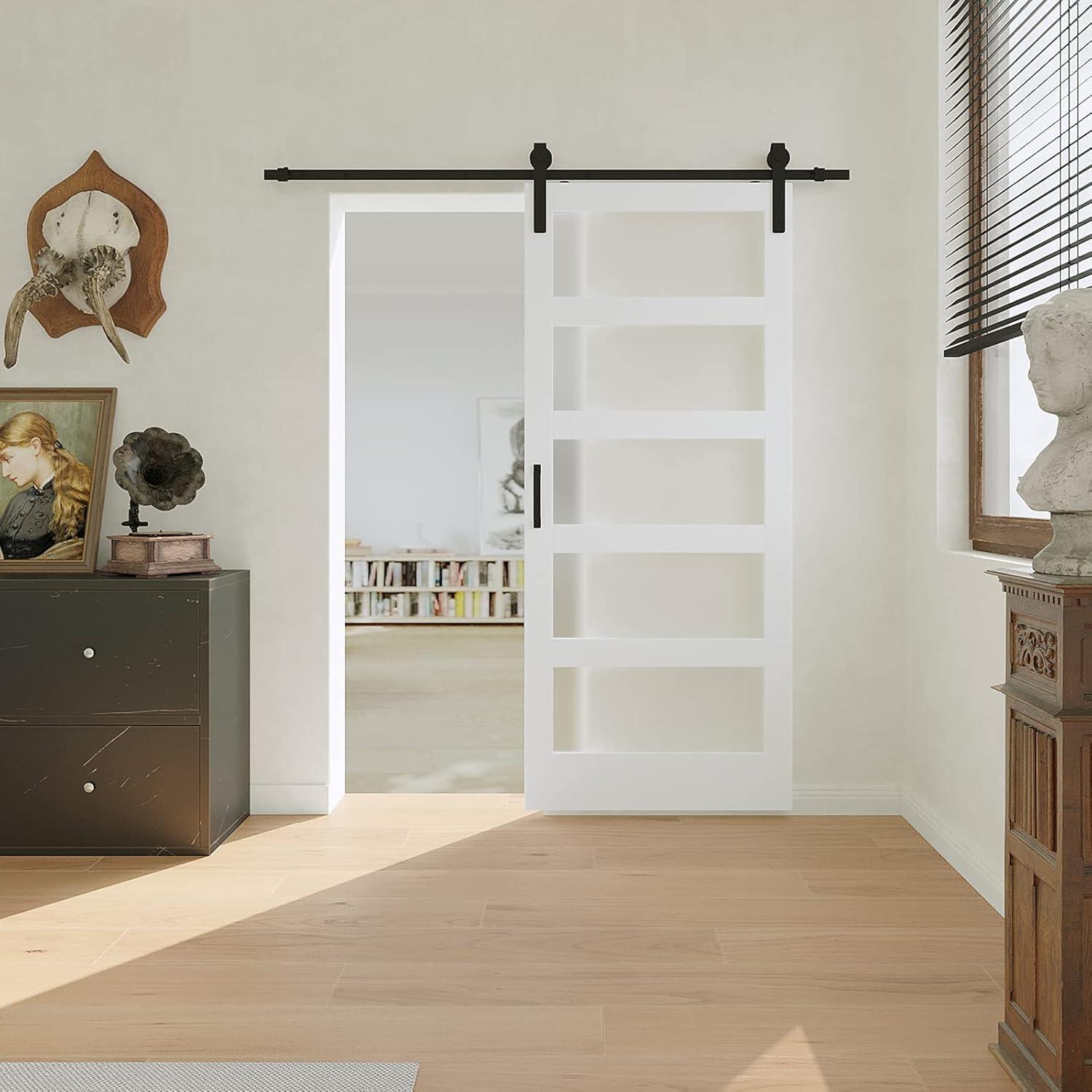 JUBEST Tempered Frosted Glass Barn Door with Installation Hardware Kit and Handle, Wood Sliding Barn Door