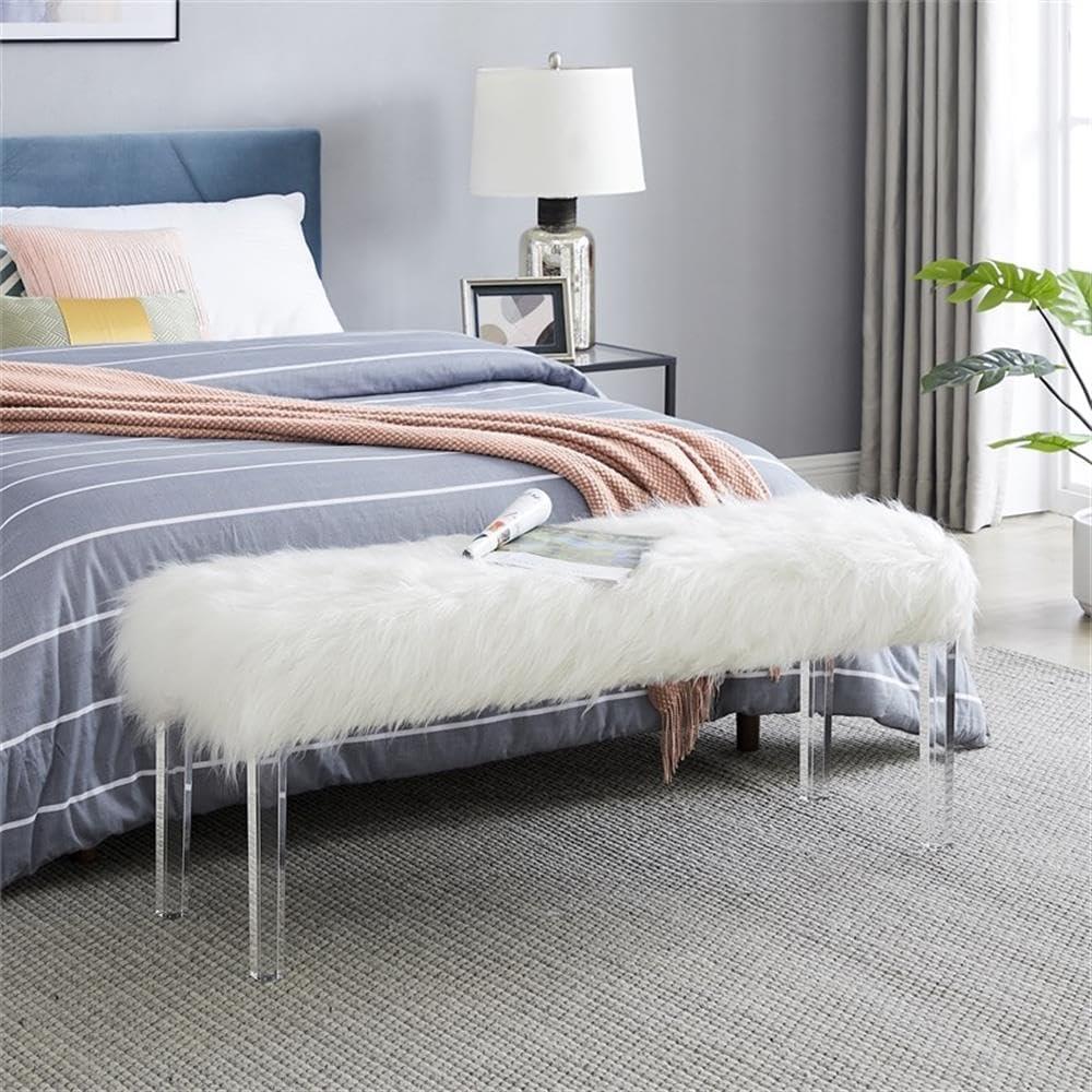 Marilyn White Faux Fur Upholstered Bench with Acrylic Legs