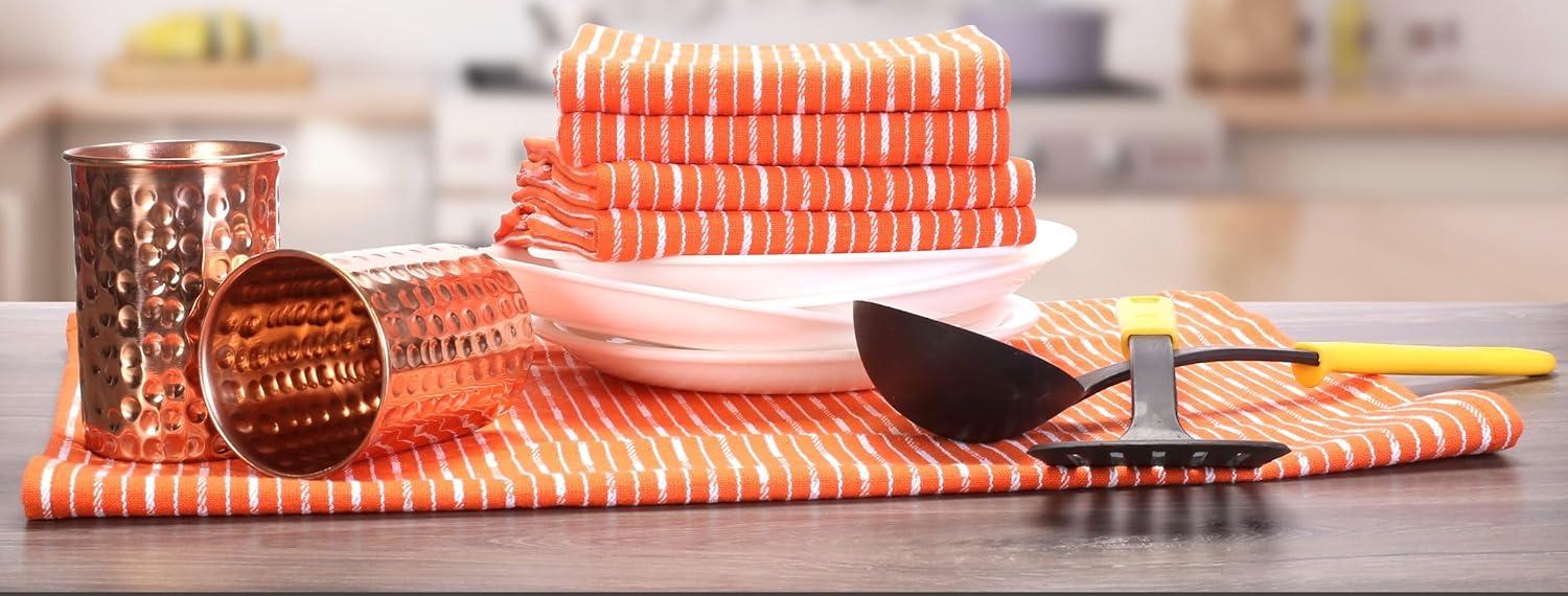 Lavish Touch Brookyn Stripe Kitchen Towel 18x28 inch,100% Cotton, Set of 6 Orange