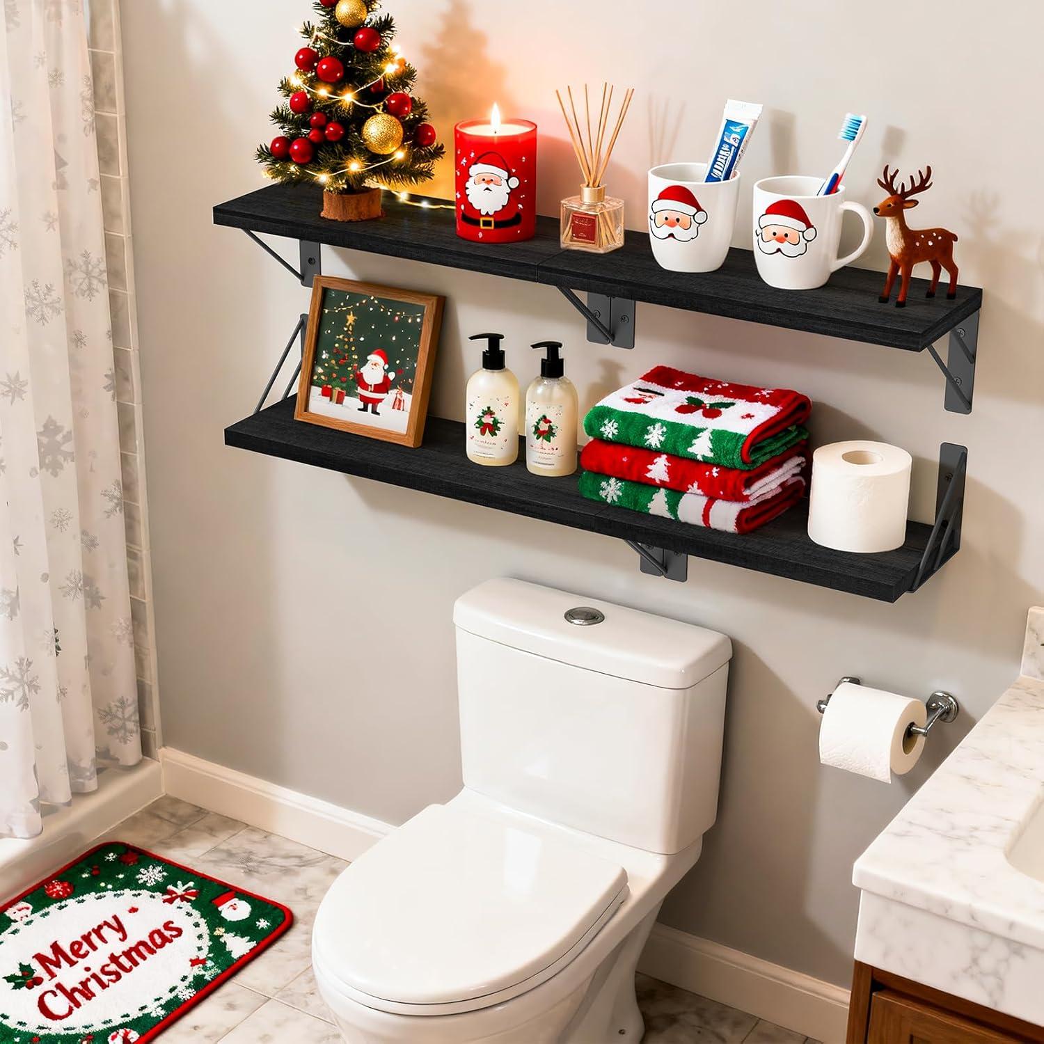 BAYKA Wall Mounted Floating Shelves, Wood Floating Wall Shelf for Books & Decor, Small Space-Saving Display & Organizer（Black，Set of 3）