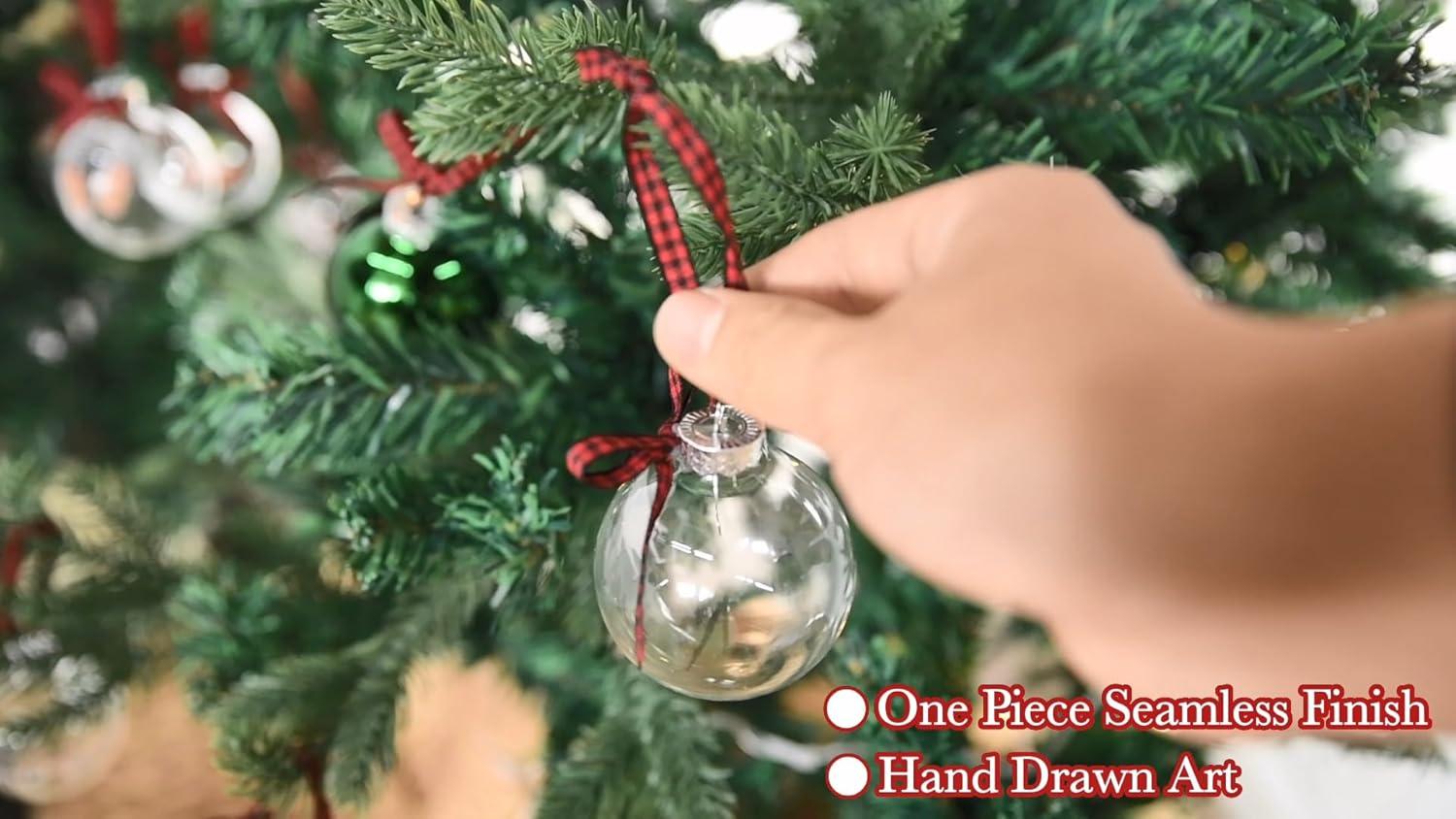Rae Dunn Christmas Ornaments - Set of 12 Clear Glass Balls with Cute Holiday Designs - 60mm / 2.36 Inch Hanging Decorations for Xmas Tree