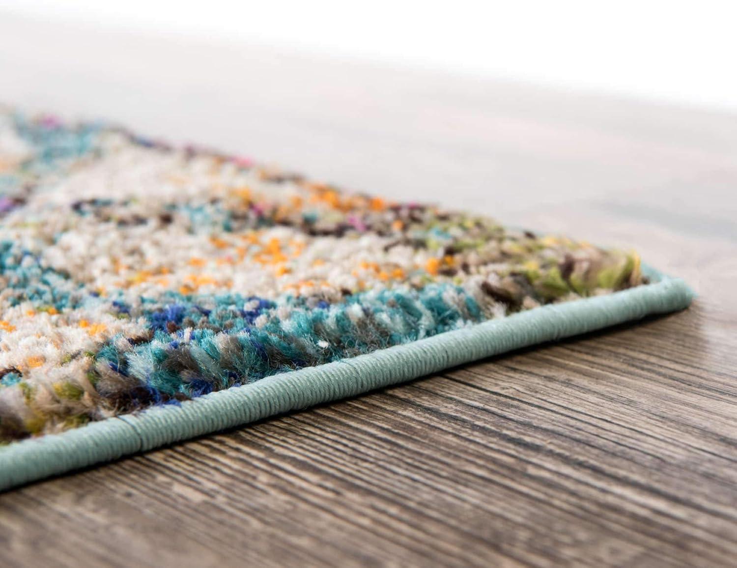 Turquoise and Ivory Abstract Floral Area Rug, 7 x 10 ft