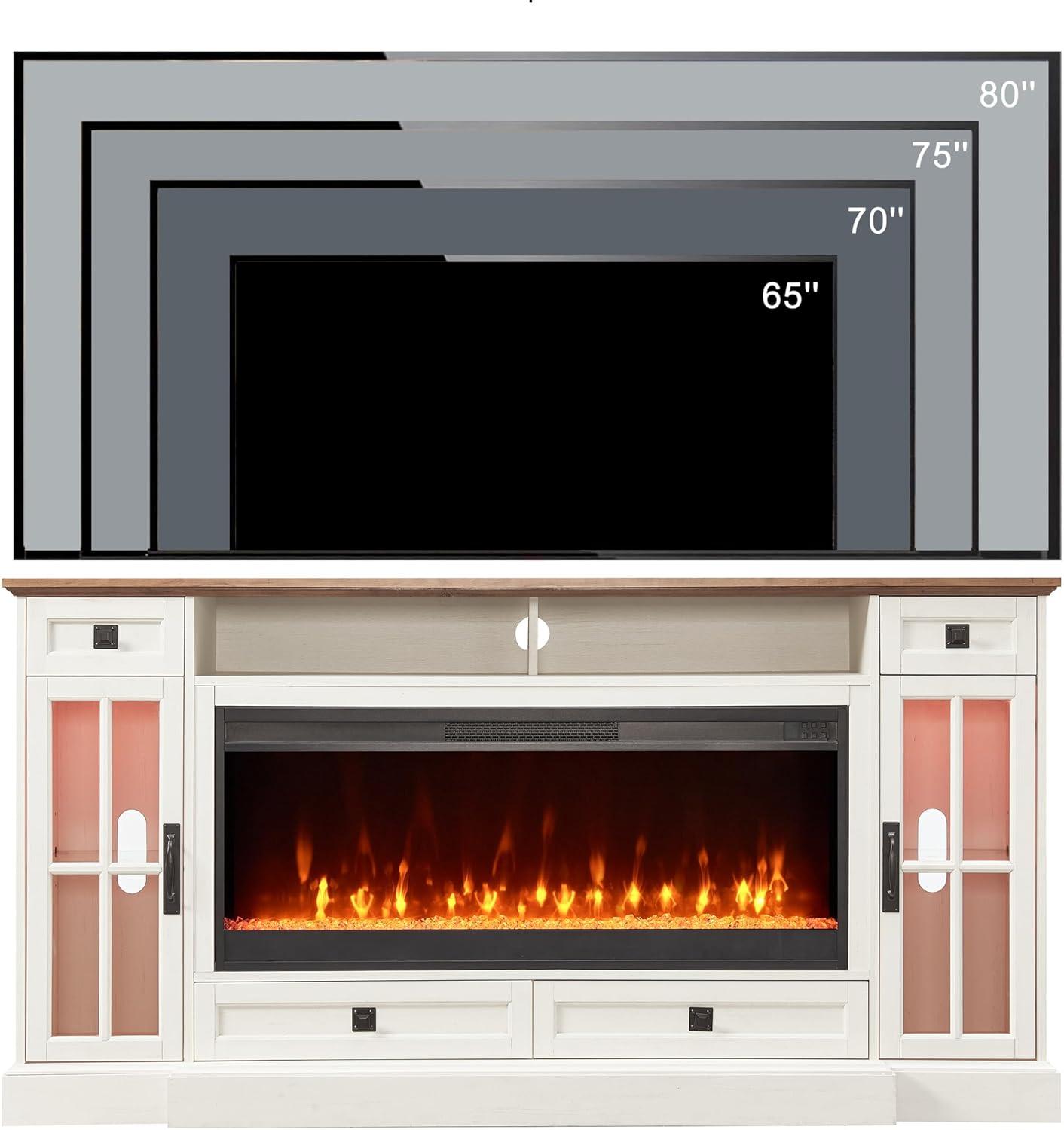 OKD Fireplace TV Stand for TVs up to 80",Farmhouse Entertainment Center with 42" Fireplace & LED Lights, White