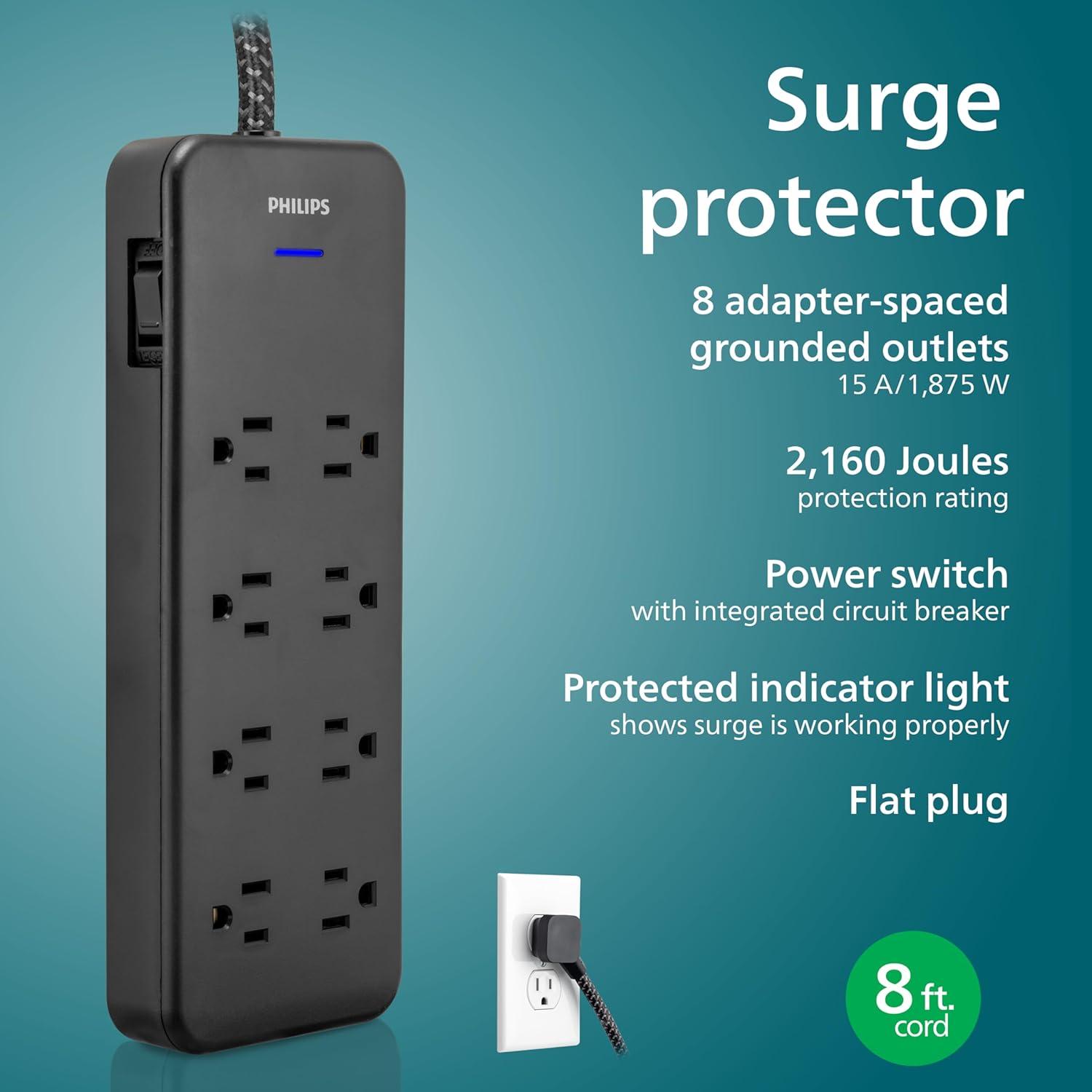 Philips 8-Outlet Surge Protector, 8ft Braided Cord, 15A, Black