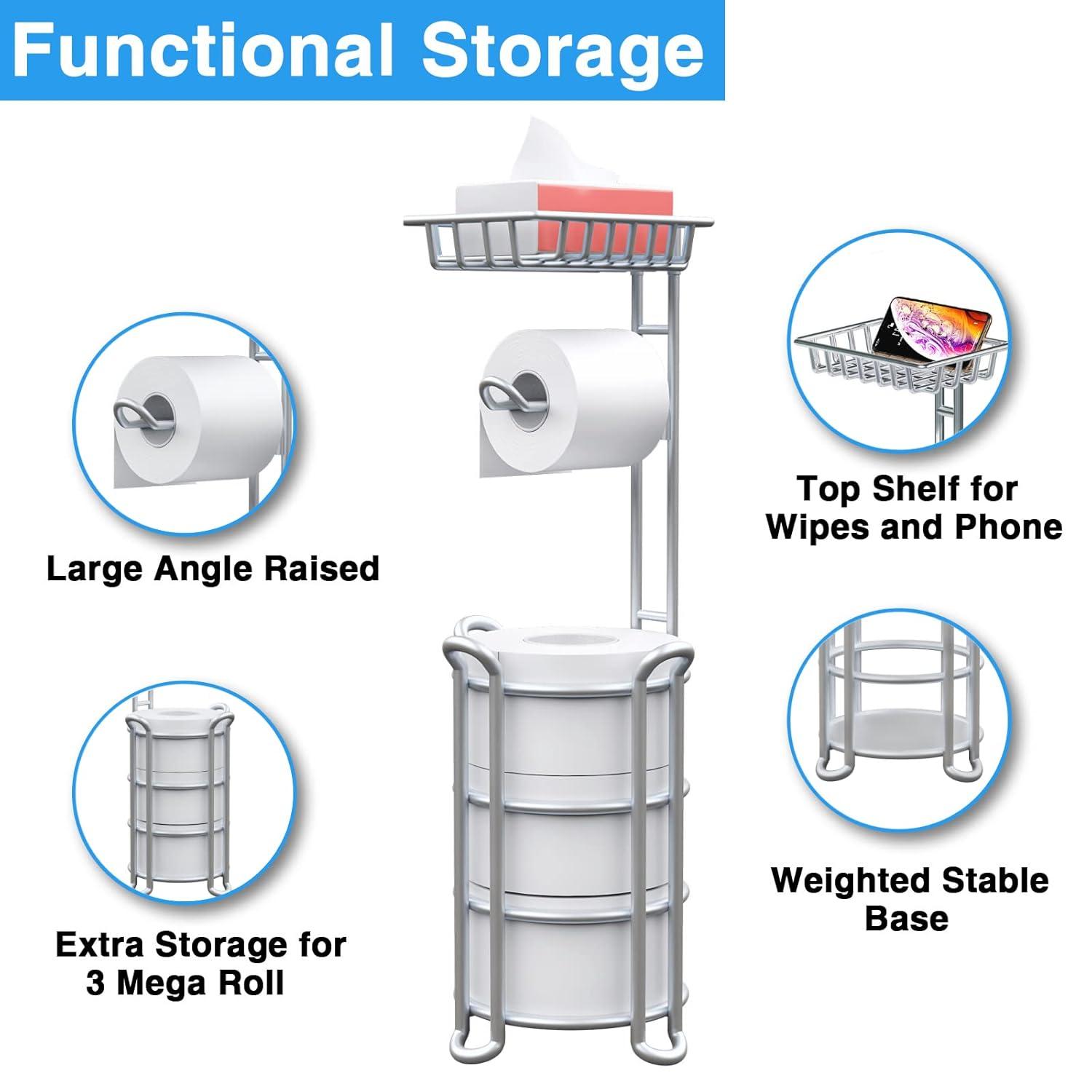 Toilet Paper Holder Stand with Shelf for Phone, Free Standing Tissue Roll Storage and Dispenser Rack for 4 Mega Rolls, Silver Gray