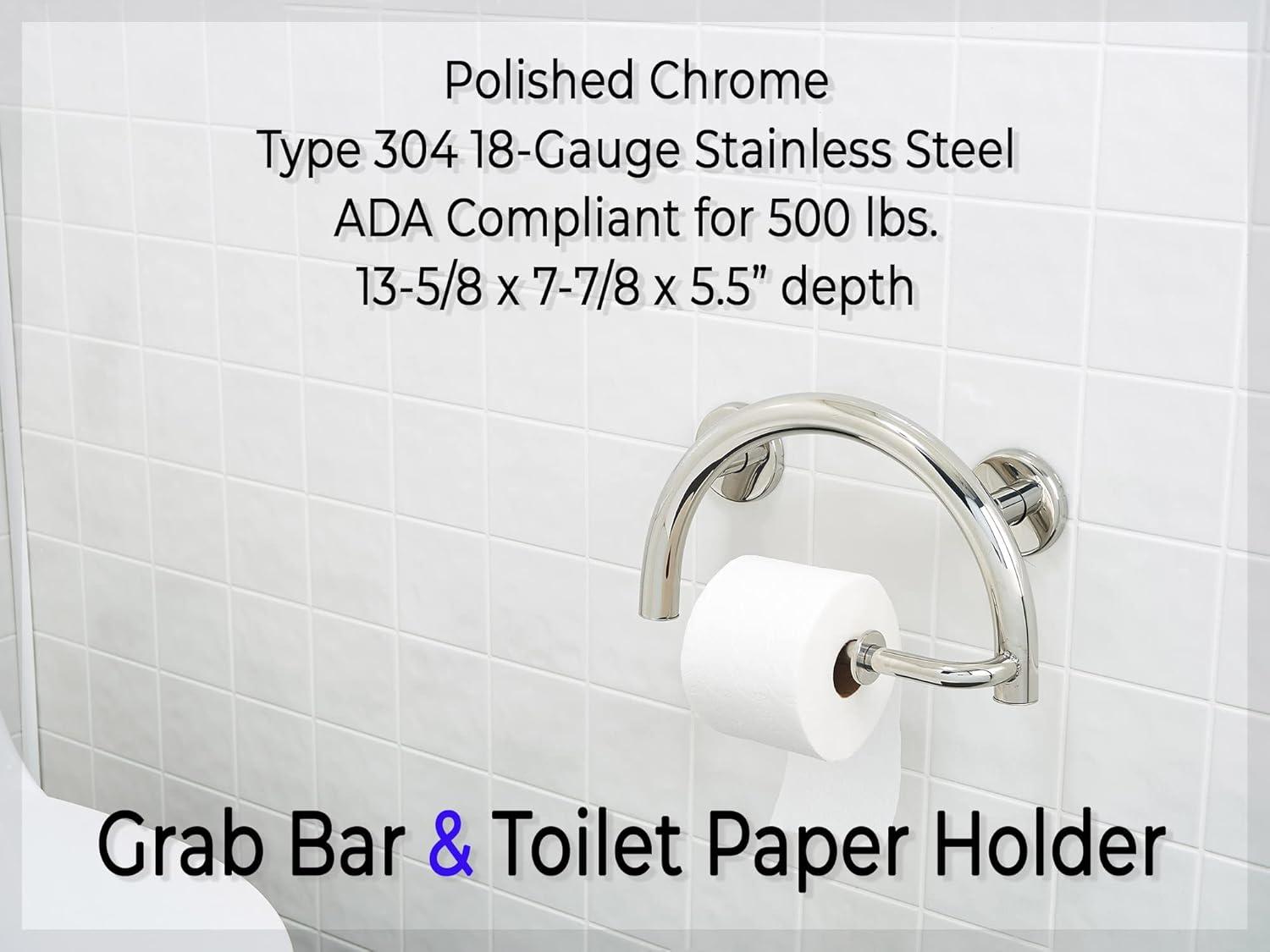 Grab Bar Toilet Paper Holder - Bathroom Safety Aid ADA/304 Stainless Steel/Polished Chrome/ 13" x 8"