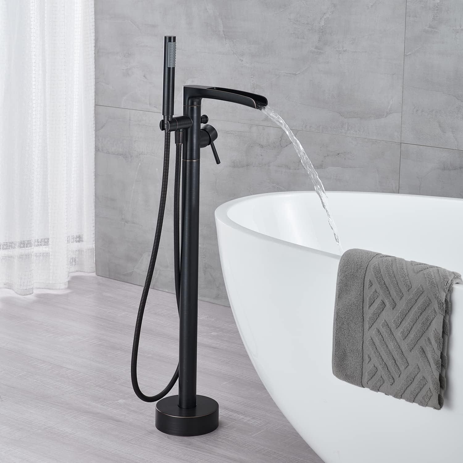 Free Standing Tub Faucet Brass Oil Rubbed Bronze Waterfall Freestanding Bathtub Faucet Floor Mount Tub Filler with Handheld Sprayer
