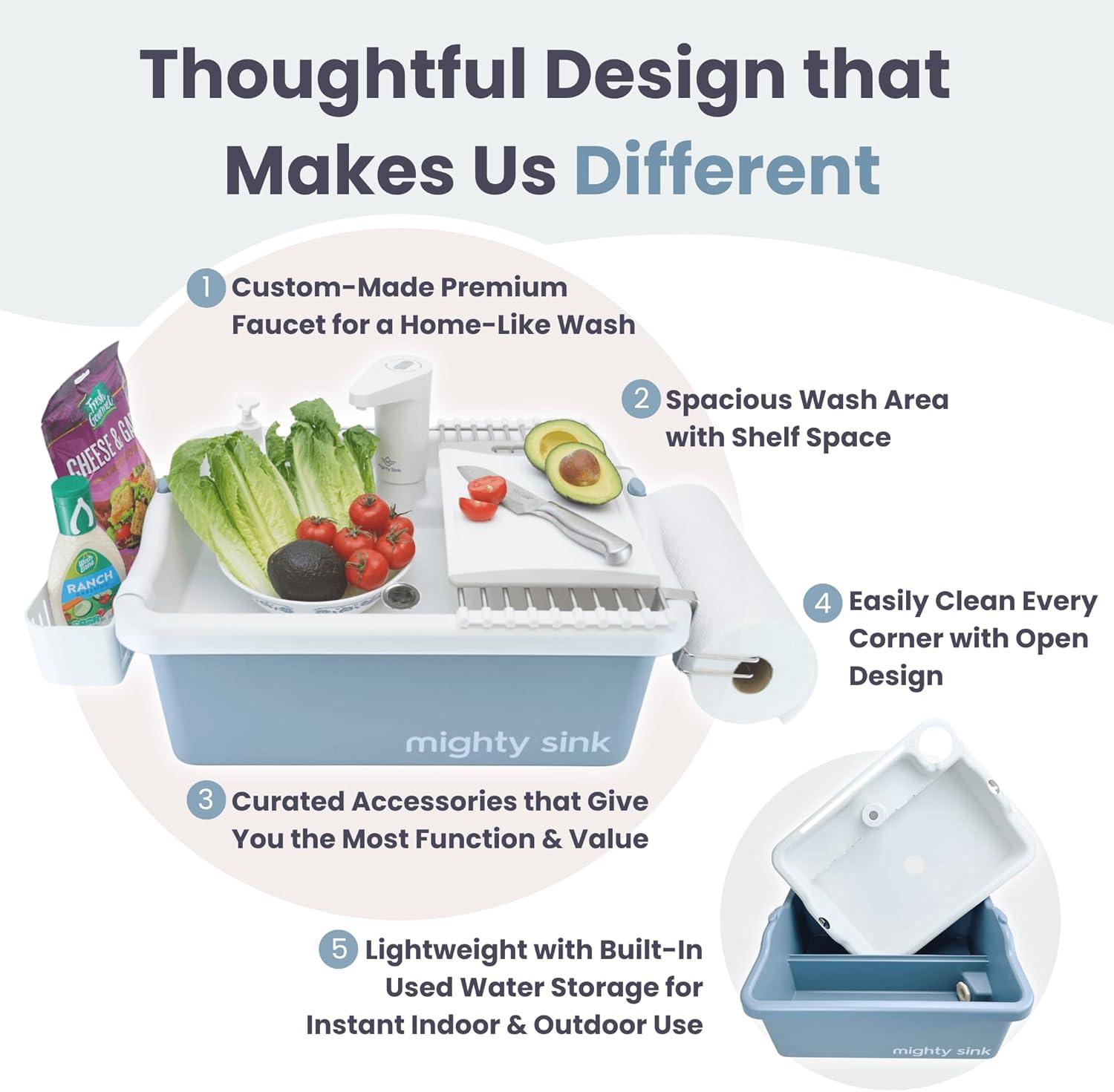 Mighty Sink Portable Sink: Patented Wash Station with Electronic Faucet | 2 Gallons | Easy Setup | Indoor & Outdoor Use | Ideal for Dishwashing, Camping Hygiene, Gardening, Pottery & More
