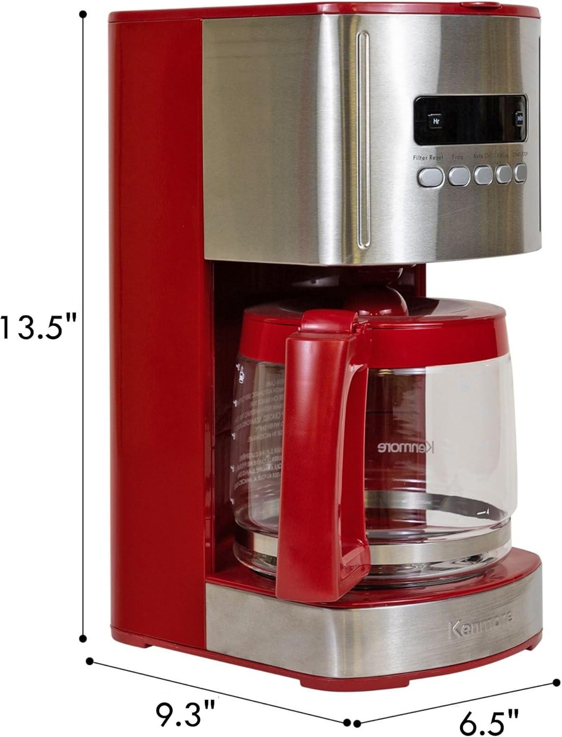 Kenmore Drip Coffee Maker - 12 Cup Programmable Cafe Machine With Glass Pot, Red