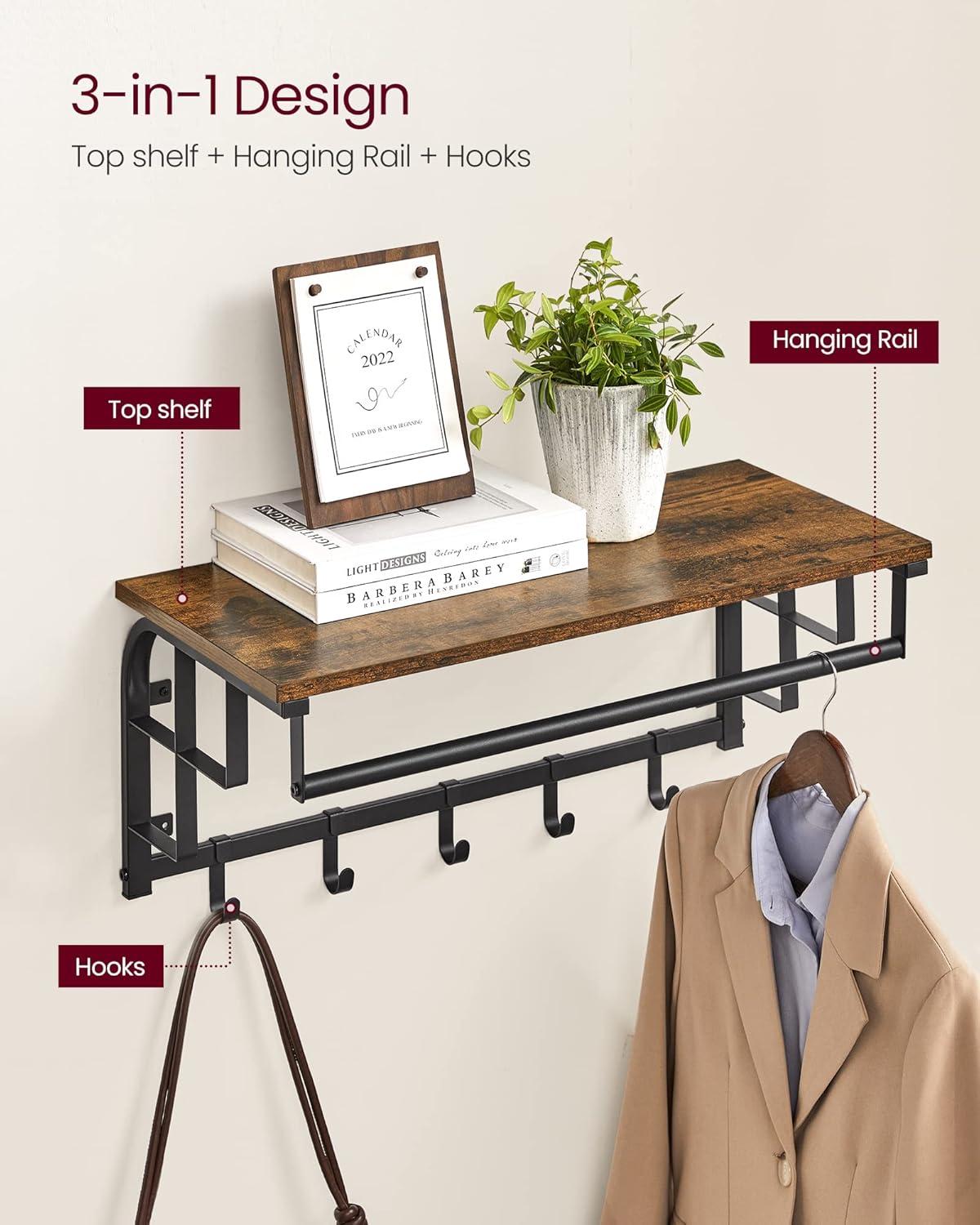 VASAGLE Wall-Mounted Coat Rack, Wall Hook Rack with Hanging Rod, Storage Shelf, Laundry Room Shelf with Hooks, for Entryway, Bathroom, Rustic Brown and Black ULCR12BX