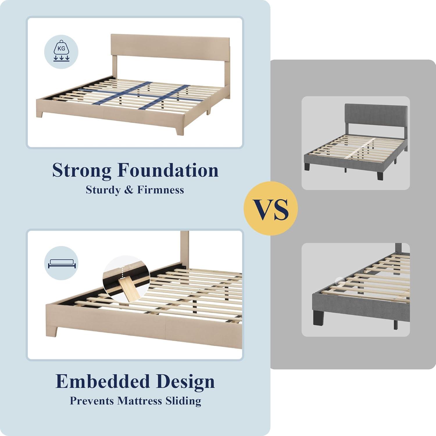 Beige King Upholstered Bed Frame with Adjustable Linen Headboard