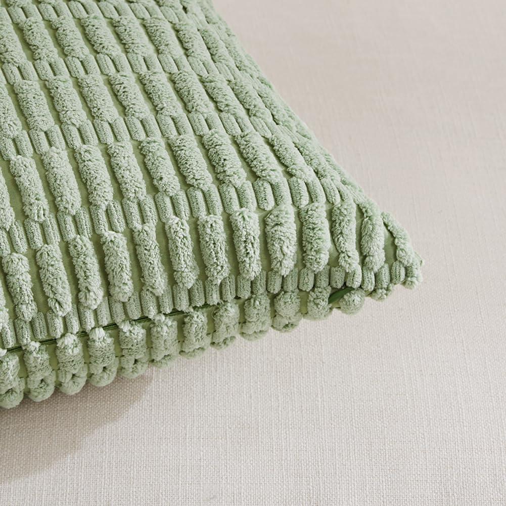 Boho Sage Green Striped Corduroy Pillow Covers - Set of 2 | Farmhouse Rectangle Cushion Cases for Sofa Couch Bed | Soft Decorative Throw Pillowcases - 12x20 Inch Home Decor