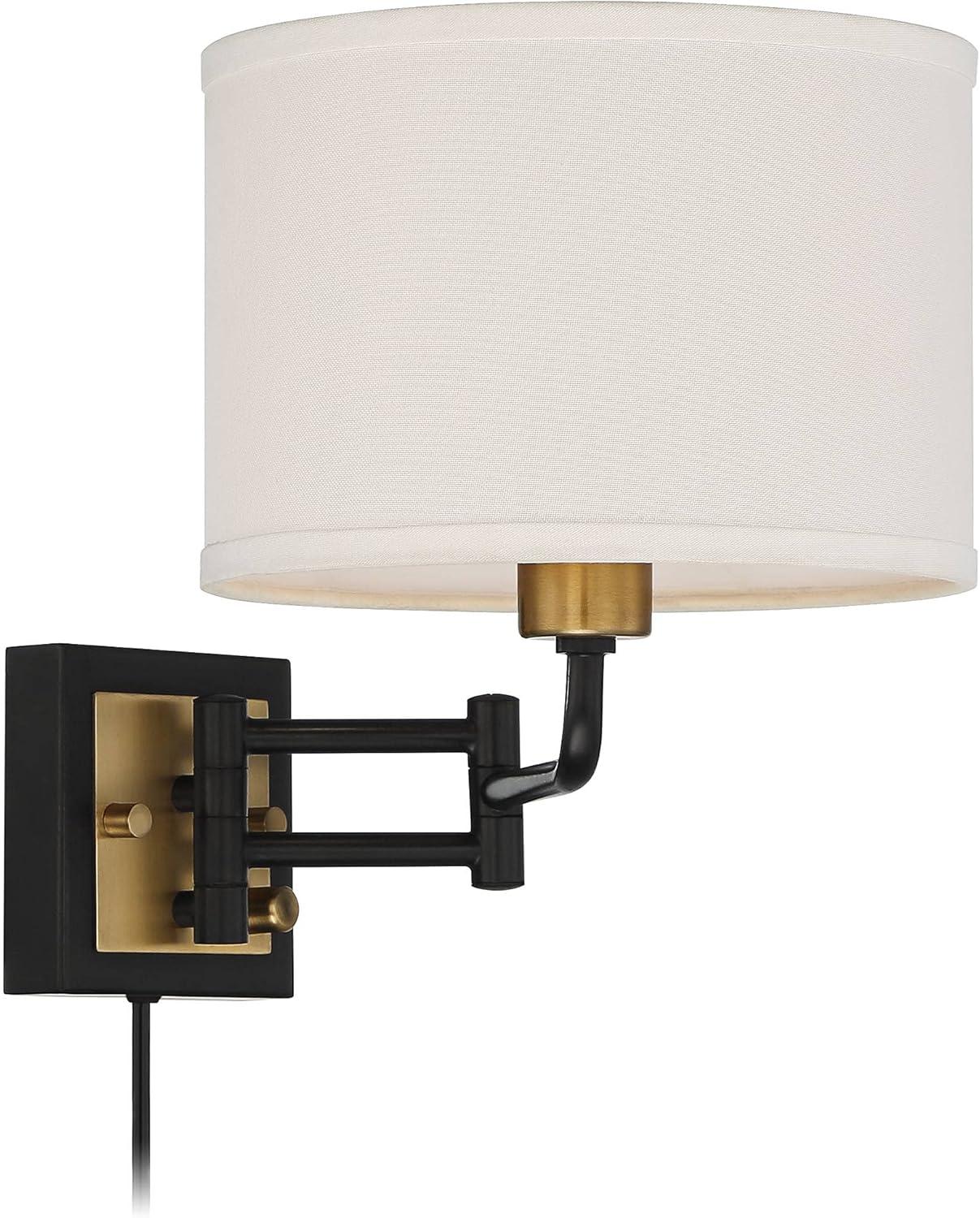 360 Lighting Joelle Modern Swing Arm Wall Lamp Brass Black Plug-in Light Fixture Fabric Drum Shade for Bedroom Bedside Living Room Reading Home House