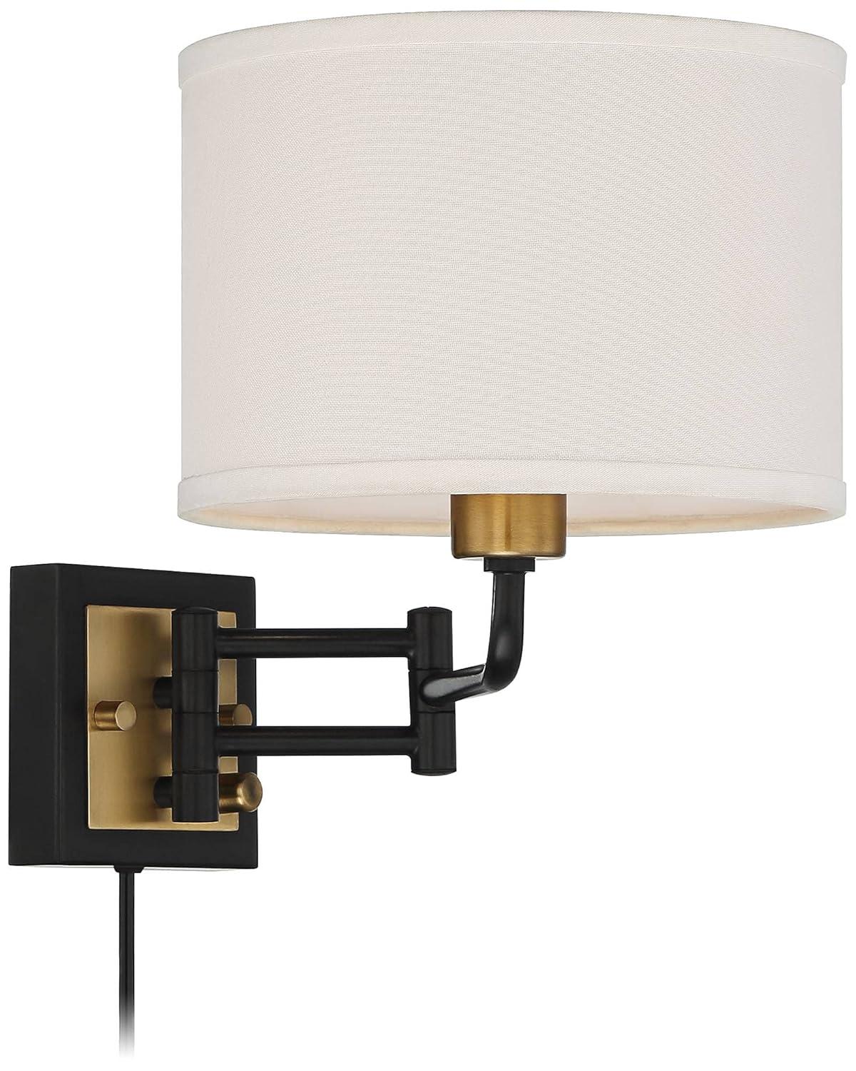 360 Lighting Joelle Modern Swing Arm Wall Lamp Brass Black Plug-in Light Fixture Fabric Drum Shade for Bedroom Bedside Living Room Reading Home House