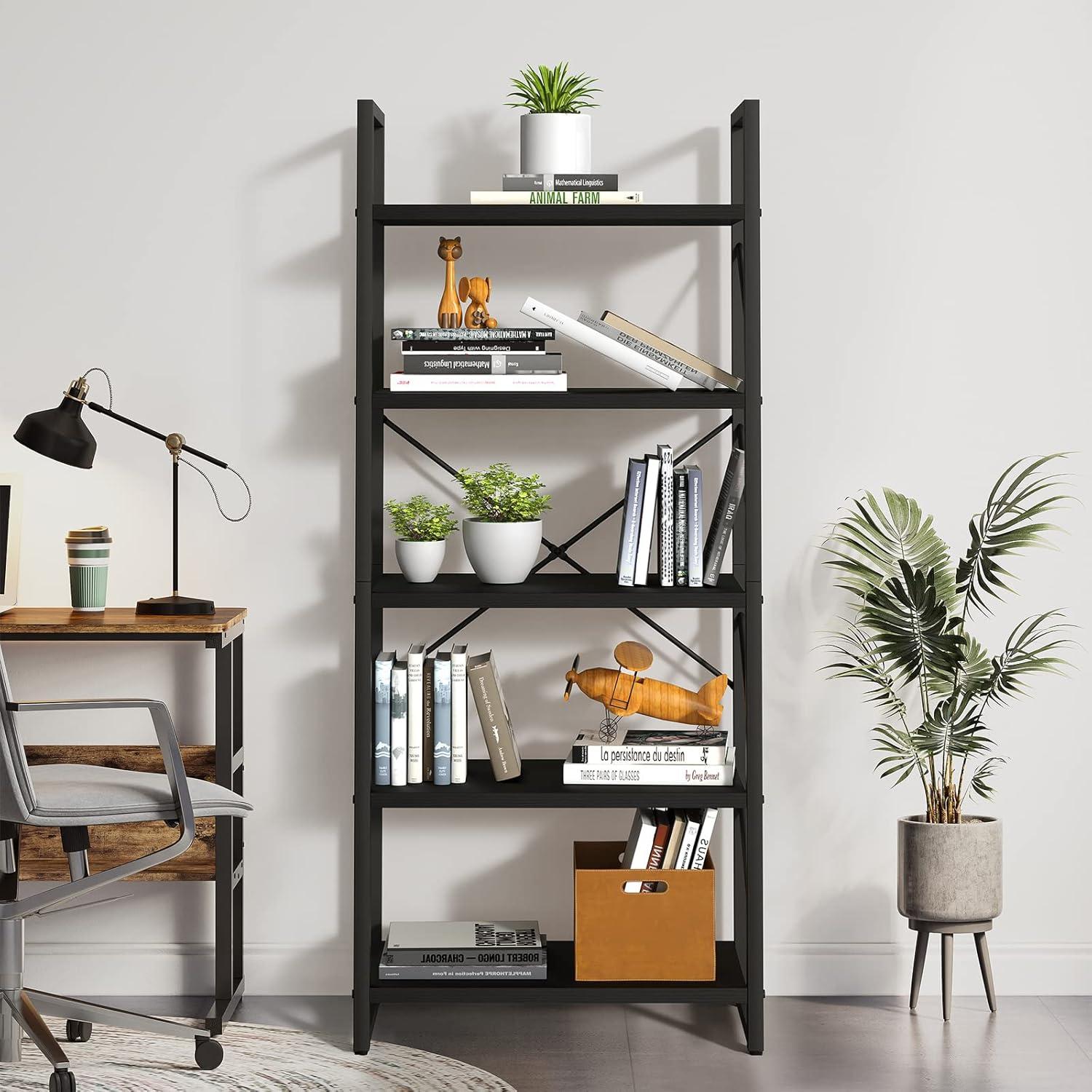 WedealFu Inc Roul Wood 5 Tiers Bookshelf Modern Bookcase Storage Rack Shelves Black