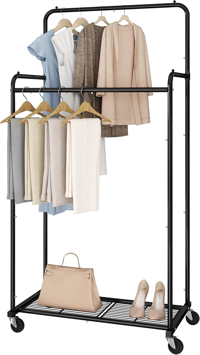 Black Heavy Duty Double Rod Rolling Garment Rack with Hooks