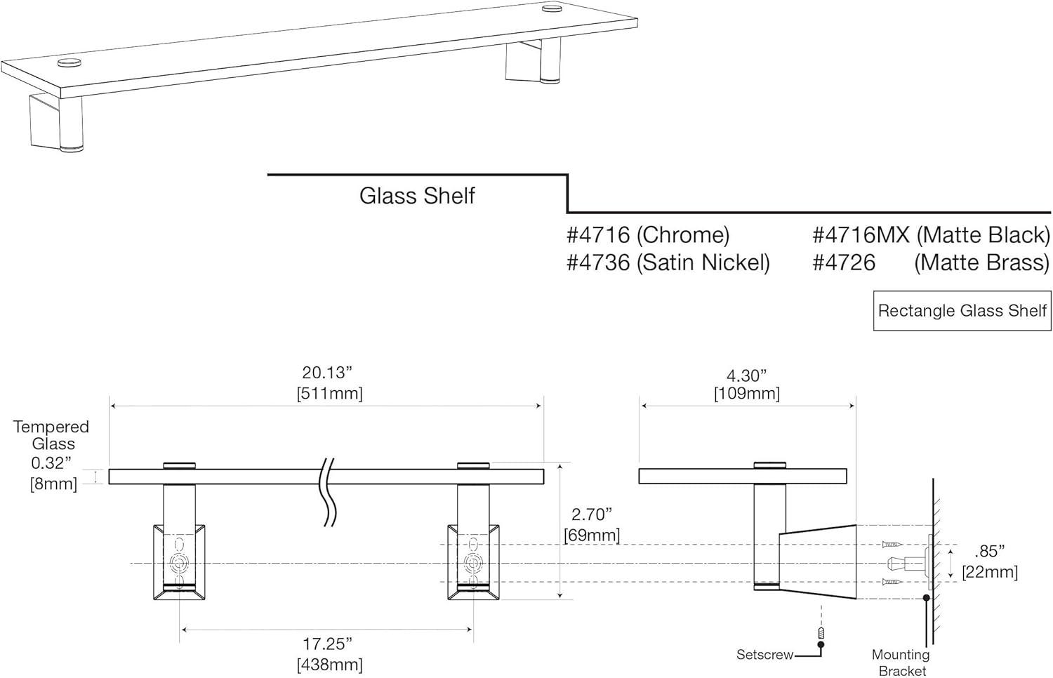 Bleu Polished Chrome 21.5" Rectangular Glass Wall Shelf