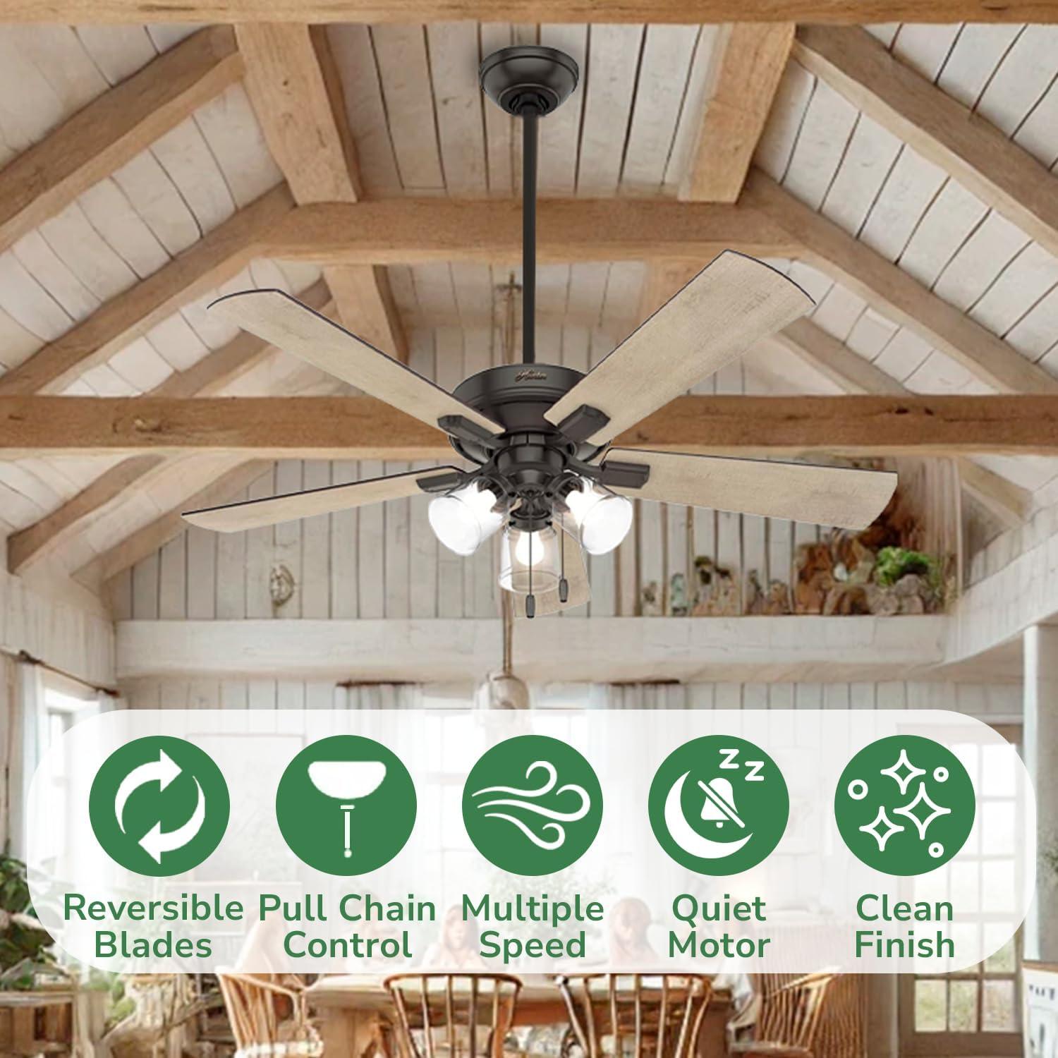 Hunter Fan 52" Crestfield 5 - Blade Modern Farmhouse Indoor Ceiling Fan with Light and Pull Chains