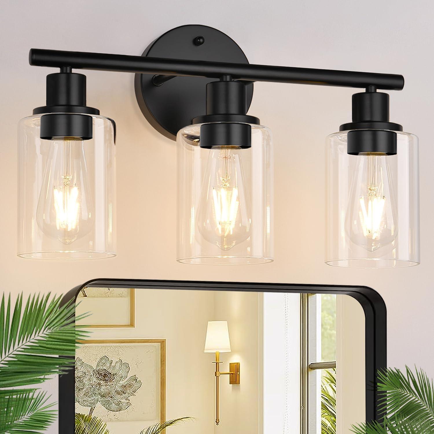 3-Light Bathroom Light Fixtures Bathroom Vanity Lights with Clear Glass Shades Matte Black Bathroom Light Fixtures over mirror for Mirror Living Room Cabinet Bedroom Porch