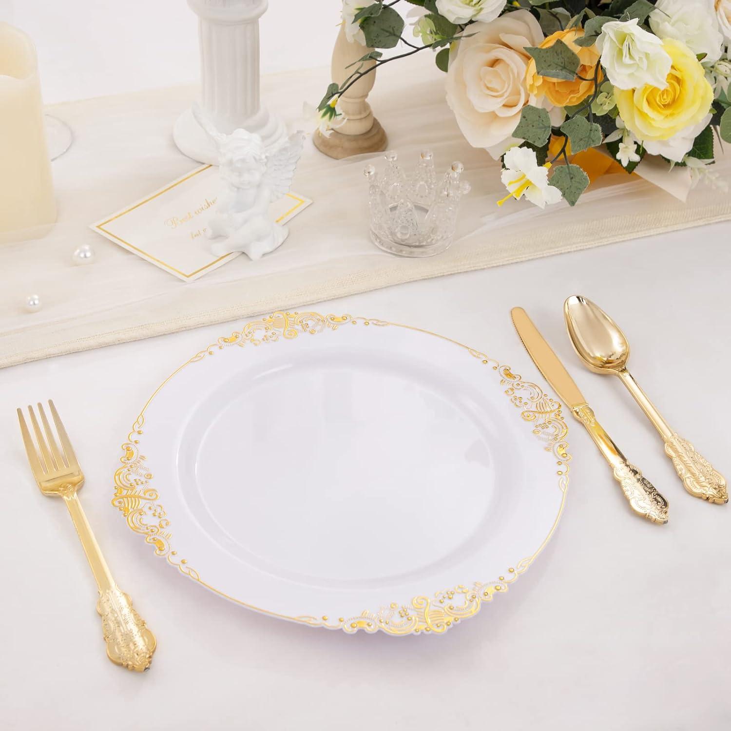 Elegant White and Gold 10.25" Plastic Dinner Plates Set