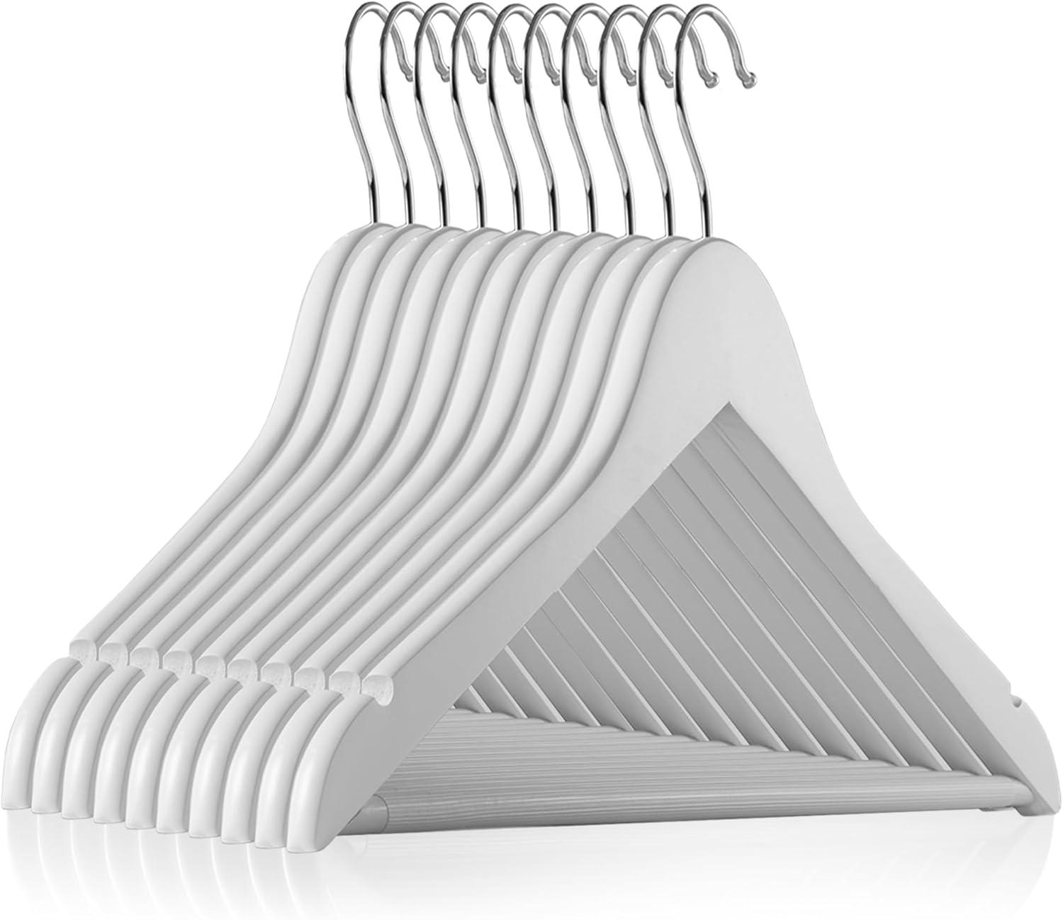 White Wooden Suit Hangers with Non-Slip Bar, Set of 10