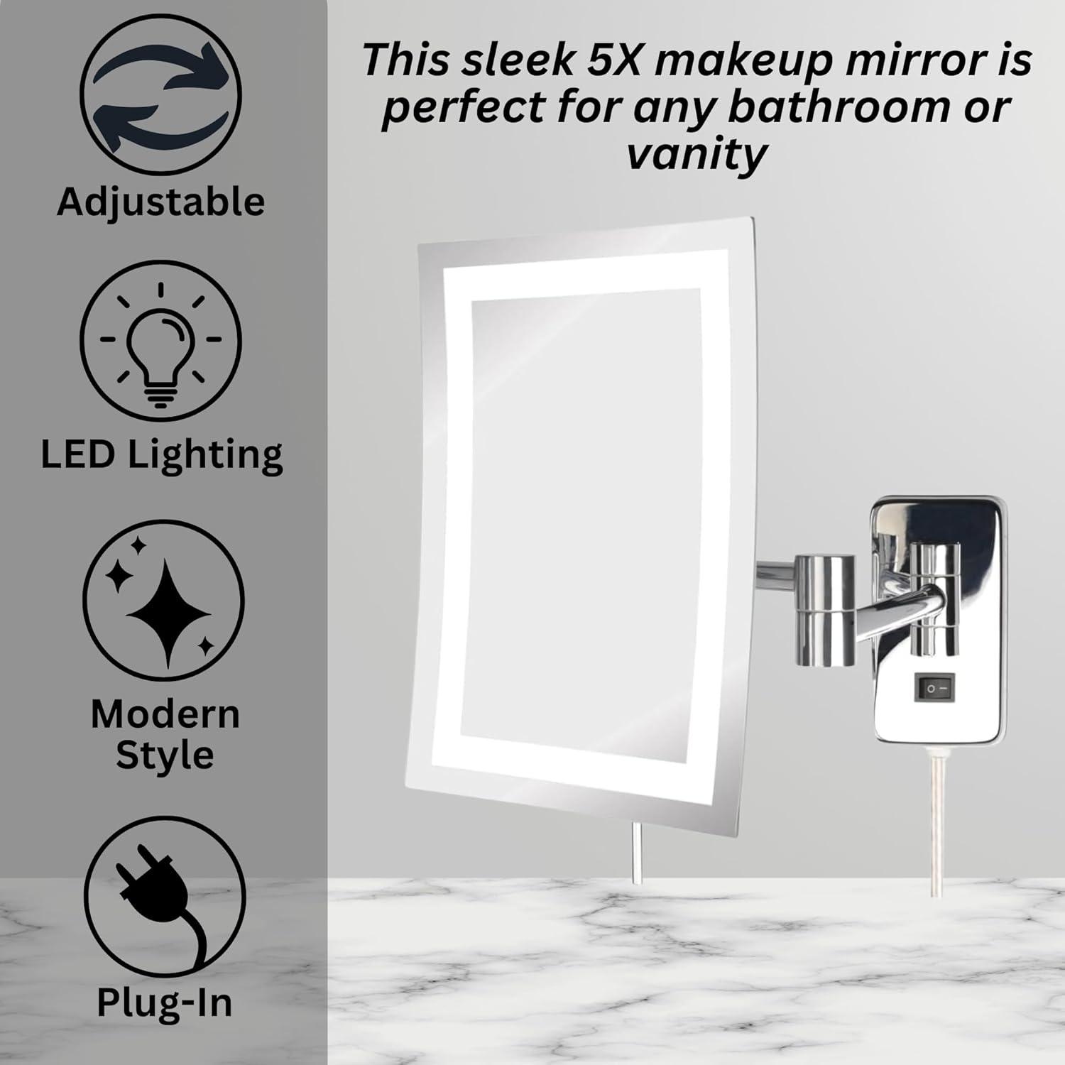 Jerdon 6.5-Inch x 9-Inch Rectangular Wall Mount Makeup Mirror with 5X Magnification and 15.5-Inch Wall Extension - Chrome Finish - Model JRT710CL