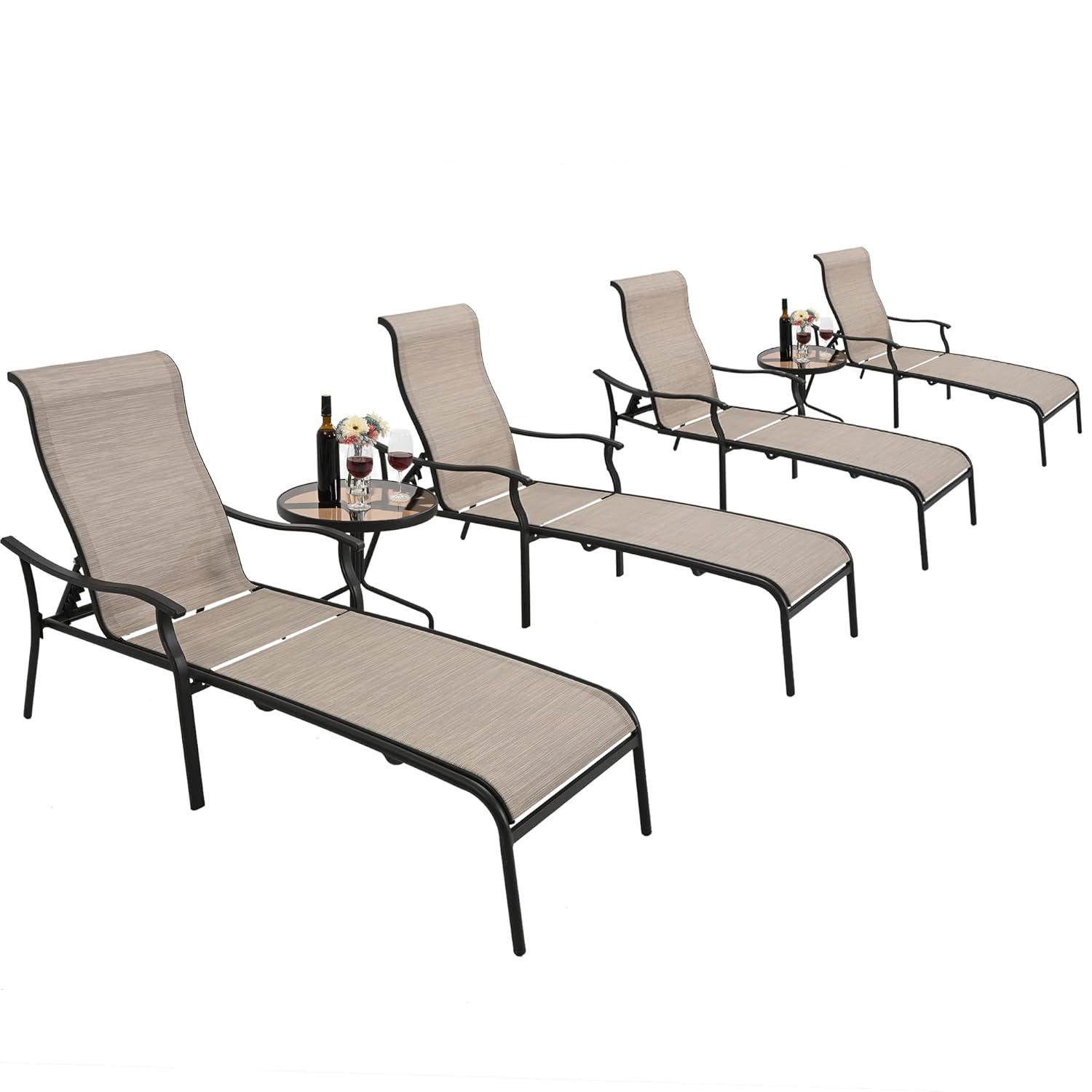 HAPPATIO Patio Chaise Lounge Set 3 Pieces,Patio Lounge Chair with Glass Coffee Table,Pool Lounge Chair with Breathable Textilene Fabric,Patio Chaise Lounge for Patio Backyard Poolside(Gray)