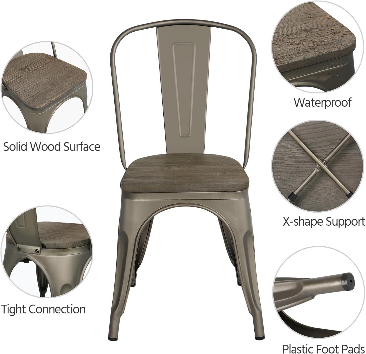 Yaheetech 4 pcs Metal Fir Wood Chairs Stackable Dining Chair Wooden Seat with Backrest Footrests Armless Stool for Home Trattoria Bistro Cafe Shop,Gun Metal