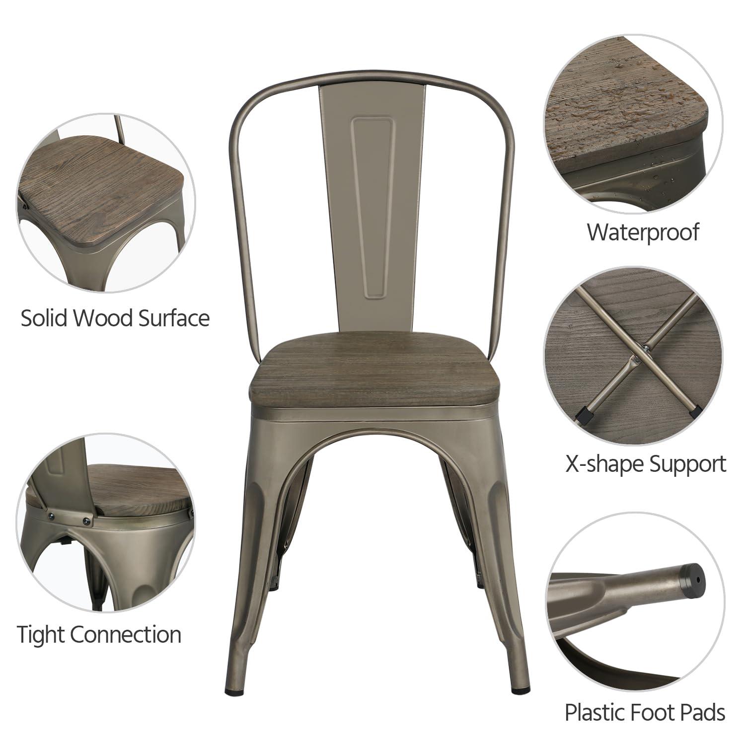 Yaheetech 4 pcs Metal Fir Wood Chairs Stackable Dining Chair Wooden Seat with Backrest Footrests Armless Stool for Home Trattoria Bistro Cafe Shop,Gun Metal