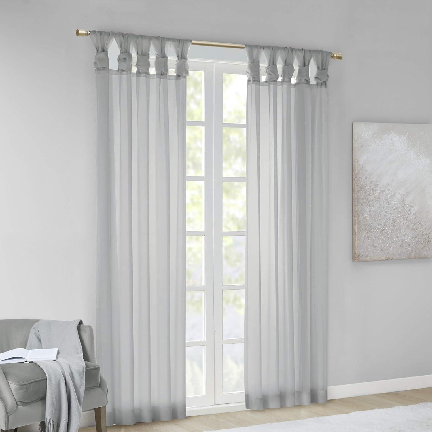 Madison Park Ceres Adult Twisted Tab Voile Sheer Curtain Panel Pair Light Grey 50x63 - Indoor Living Room